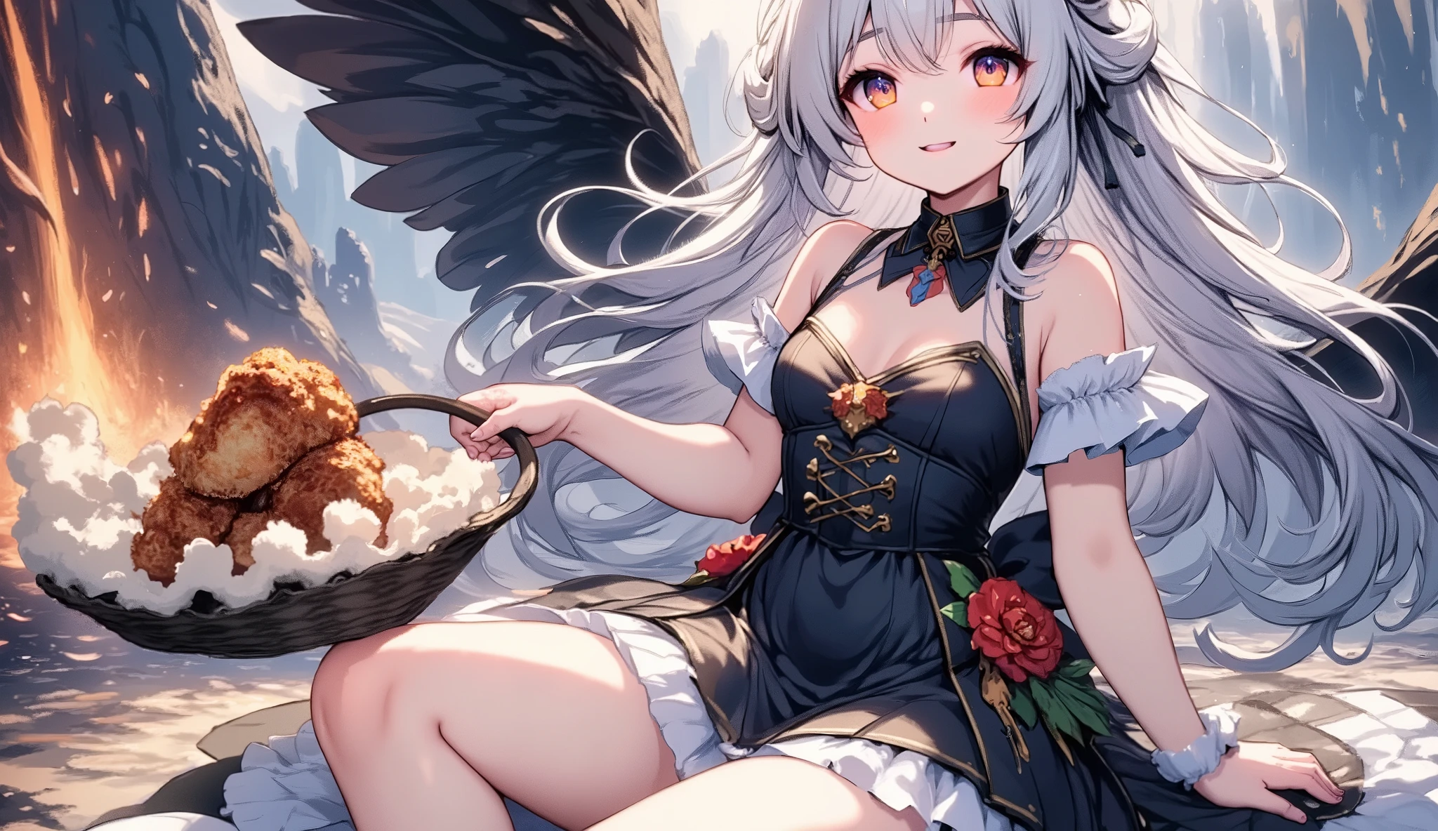 (Ultra-detailed face, Looking away, Gothic Illustration, Dark tone colors. She has five fingers on her hands and five toes on her feet.), BREAK (The composition looks up from the woman's chest to the woman's face, flames burst from the volcano, lava flows down the crater, steam billows up, and the air appears to be warped.), BREAK (A very beautiful succubus, her crow-like wings flapping widely on her back, holds out to you a hot, oil bursting, spicy fried chicken with bright red pepper sauce on it, as if offering it to you in a bold pose. The succubus chuckles and ahhs at you.), BREAK (She has white hair, white eyebrows, blunt bangs, long wavy hair down to her feet, small pink lips, crimson glowing eyes, clear white skin, and thick eyeliner. Her hair flutters in the hot wind blowing from the side.), BREAK (She wears a jet-black ribbon tie and a jet-black lace-up dress made of draped raven feathers with light blue lace ruffles and embroidered red roses. She wears flaming laced boots that glow on the way home.)