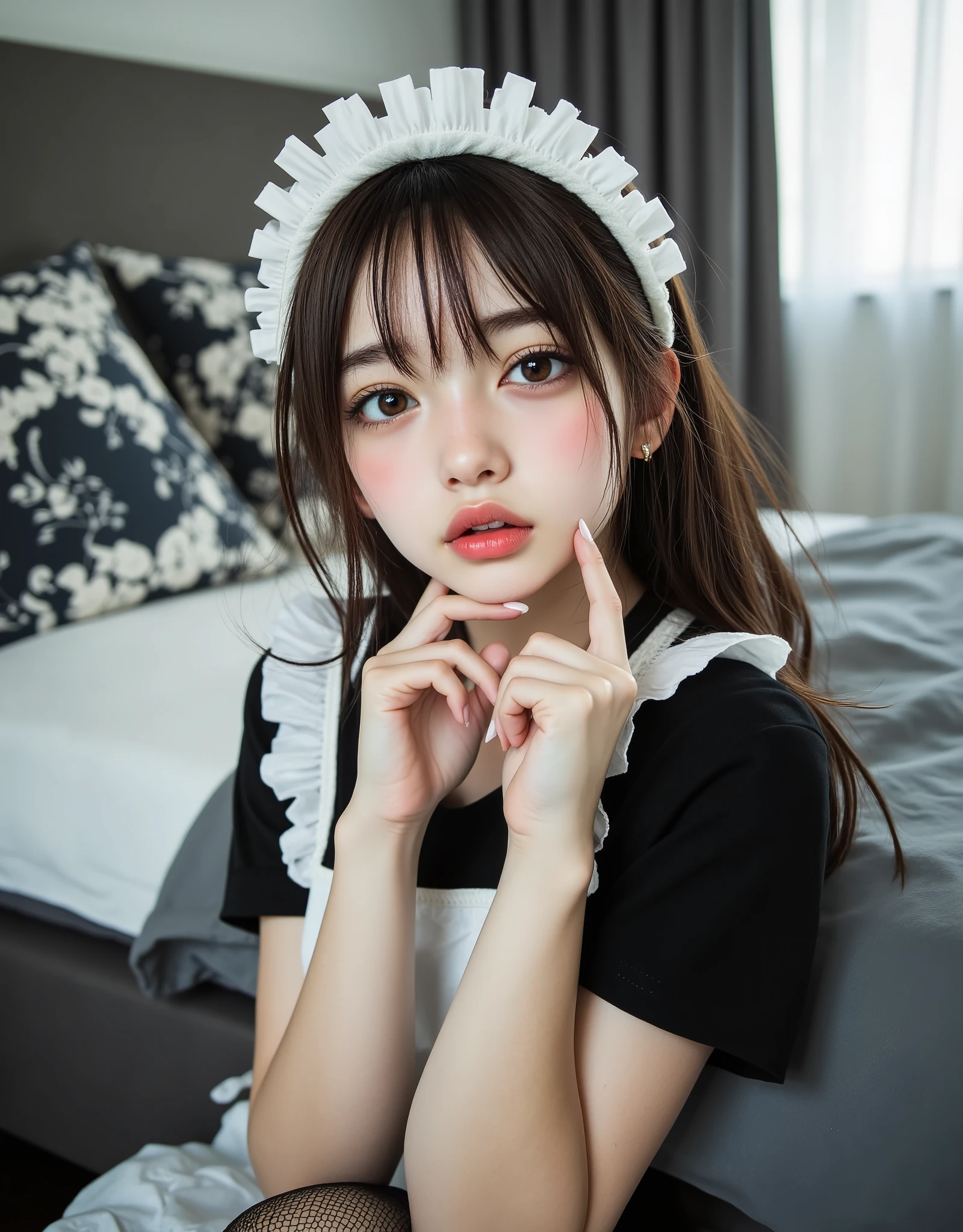 (Canon), (EOS R5), (50mm), ((( Photorealistic:1.5))), ( No Lens Flare :1.5), ((超 high res)), ( Masterpiece), accurate,( by Nomiな質感の肌), super detailed, high detail on the face, high quality , Award-winning work , 最 high quality, 32K, depth of coverage, digital camera, award-winning glamour photo , professional lighting,(SFW), ((最 high quality:1.5)), (( Masterpiece:1.5)), (( by Nomi)), high res, by Nomiな影, Roughness, Real Life,(( A very beautiful and cute Japanese woman :1.5)), (( cute Japanese top idol )), ((Upper body shot seen obliquely from the front :1.5)), ( upper body shot seen from the side :1.2), (( upper body shot from head to knee :1.8)), (( cute 18-year-old Japanese high school girl )), 1 girl, (( Very cute maid girl with a gray bow )), Beautiful and adorable bedroom , ( sitting on the bed), is looking at this, ( brown medium hair), ( White fluffy headband with large frills over her head :1.5), (I'm wearing a gray ribbon ), (( Black and white gothic ta-style luxury maid clothes )), (( I'm wearing a gorgeous white apron with lots of frills )), (white apron with grey ribbon), with lots of frills , ((Black mesh stockings up to the thigh )), ( Knee-high socks with black and gray stripes up to the thighs ), There are cases where black leather maid shoes are placed next to the bed, dreamy and shy expression , Attractive cuteness , seductive poses, Height: 160cm, slim figure, beautiful shaped big bust , F Cup, cleavage of bust visible, (( very cute smile with slightly visible teeth :1.5)), ( alone:1.5), (Only one person in the bedroom), ( show your hands as little as possible ), ( brown eyes:1.9), ( Detailed depiction of extremely realistic skin ), (Highly detailed, realistic eyes:1.9), ( extremely beautiful long realistic eyelashes ), (Highly detailed, realistic eyebrows), (丸い brown eyes :1.8), ( beautiful catchlight on the eyes), (Realistic lips with moisture ), ( white realistic teeth neatly arranged ), ( Beautiful and Detailed Face :1.6), ( hourglass shape:1.6), (Wasp waist :1.5), ( Perfectly round and beautifully shaped bust :1.8), ( clearly contoured cheekbones :1.5), ( textured skin by Mr. Nomi :1.8), (Healthy body :1.8), (Narrow shoulders:1.9), ( staring at viewers), ( captivating gaze), (Beautiful, natural-looking hands), ( beautiful white nails with a beautiful length ), ( playful and curious posture ), gray-themed bedroom , (The whole room is all gray ), Grey walls , Gray ceiling , Grey floor , Black pillows with white and gray floral patterns are placed on a fluffy dark grey bed, gray bed sheets with floral patterns , dark gray curtains with flower patterns , Gray furniture , soft white lighting , ( Dreamy Cozy), fantasy style, Glow effect, Bright dynamic lighting ,