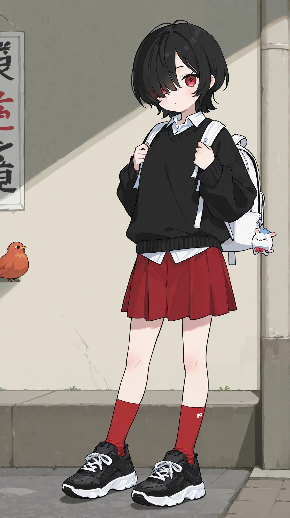 1 girl、 full body standing picture 、 black hair、 shortcut hair、hair over one eye、Red eyes、 red socks、 black sneakers、collared shirt、 black sweater 、 red skirt、White backpack、upright