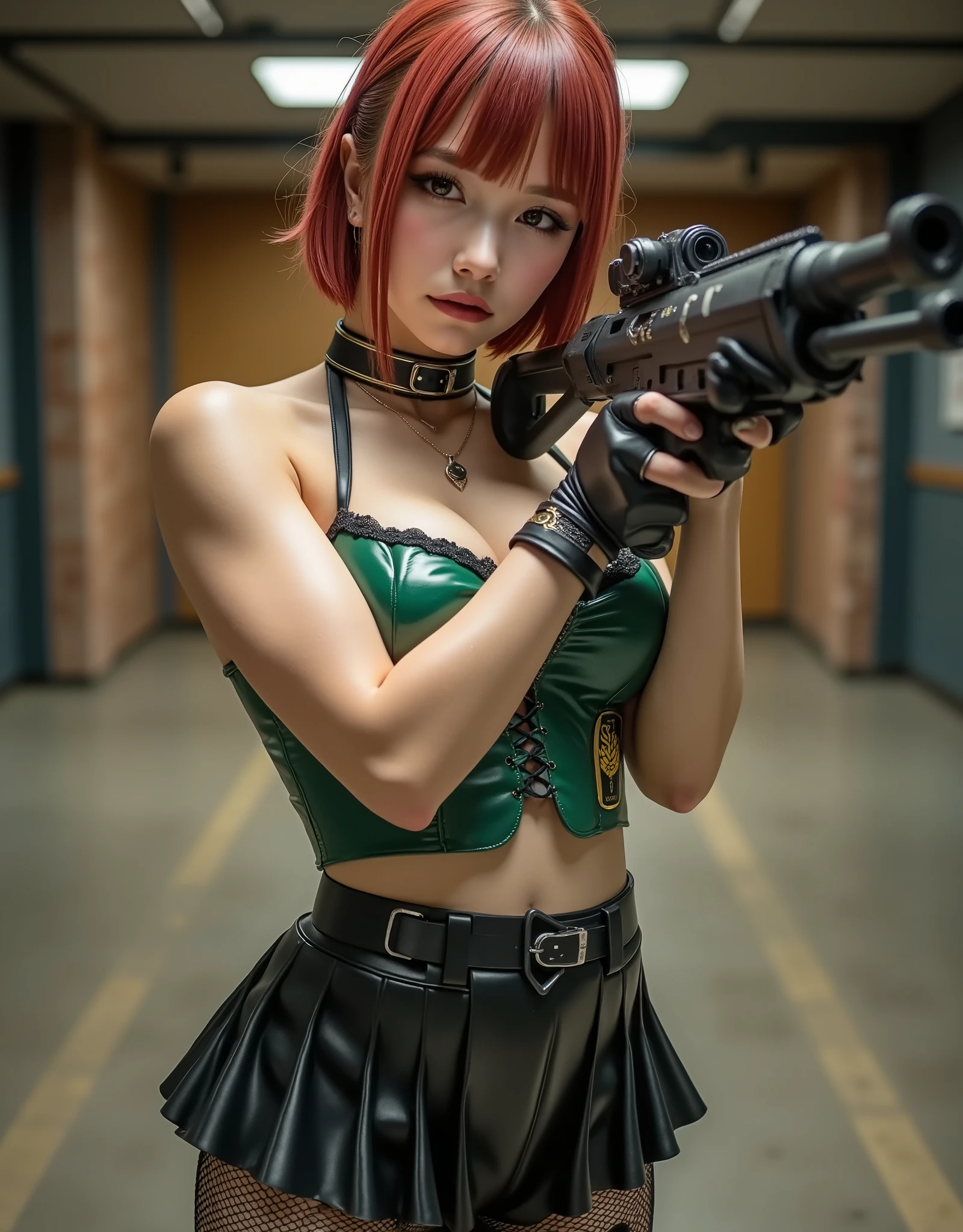 16k, masterpiece, realistic, ((Photorealistic realism)), Hyper high resolution, ((Hyper insanel quality, epic masterpiece, intricately detailed digital art)), ((focus on extremely Realistic Proportion Body:1.3), "Portrait of a woman {standing in front of a bullet trap at a shooting range, (holding an machine gun in both hands(M16A4 Assault Rifle))}." side view, ((shooting pose)), ((shot above the knee)), (ultra-realistic texture details: velvety skin, hair), [((short hair|red, (smoothes one side)))], ((sharp focus, no blurry eyes, Hyper absurd quality, Hyper details, {Hyper realistic brown eyes:1.4})), ((extra narrow eyebrows)), (Carefully draw Long eyelashes), (perfect round eyes), (finely detailed pupils, (extremely fine details pupils)), ((firm and full breasts:1.28)), {a bold, feminine creation:0.75} with Corset [laced ((Tight:1.3)) | (Luxurious, shiny green latex)], [((pleated skirt | Luxury shiny skirt Black Latex:1.35))] and details such as [((lace|white))], [(mesh stockings|green)] and [(garters|black)], belt [((silver|chain))] Carrying ((military Weapon Equipment)). (emphasizing her curves and creating a sexy, pretty look, sensual look at the viewer:1.4), {extremely detailed, sharp, clear, photorealistic image with sunrise lighting without shadows, dslr}, sharp image, sharpness and clarity in global illumination, captured by Fujifilm XT3, f 5.6}, (perfect composition), HDR, UHD, physically-based rendering, ((vivid colorful)),