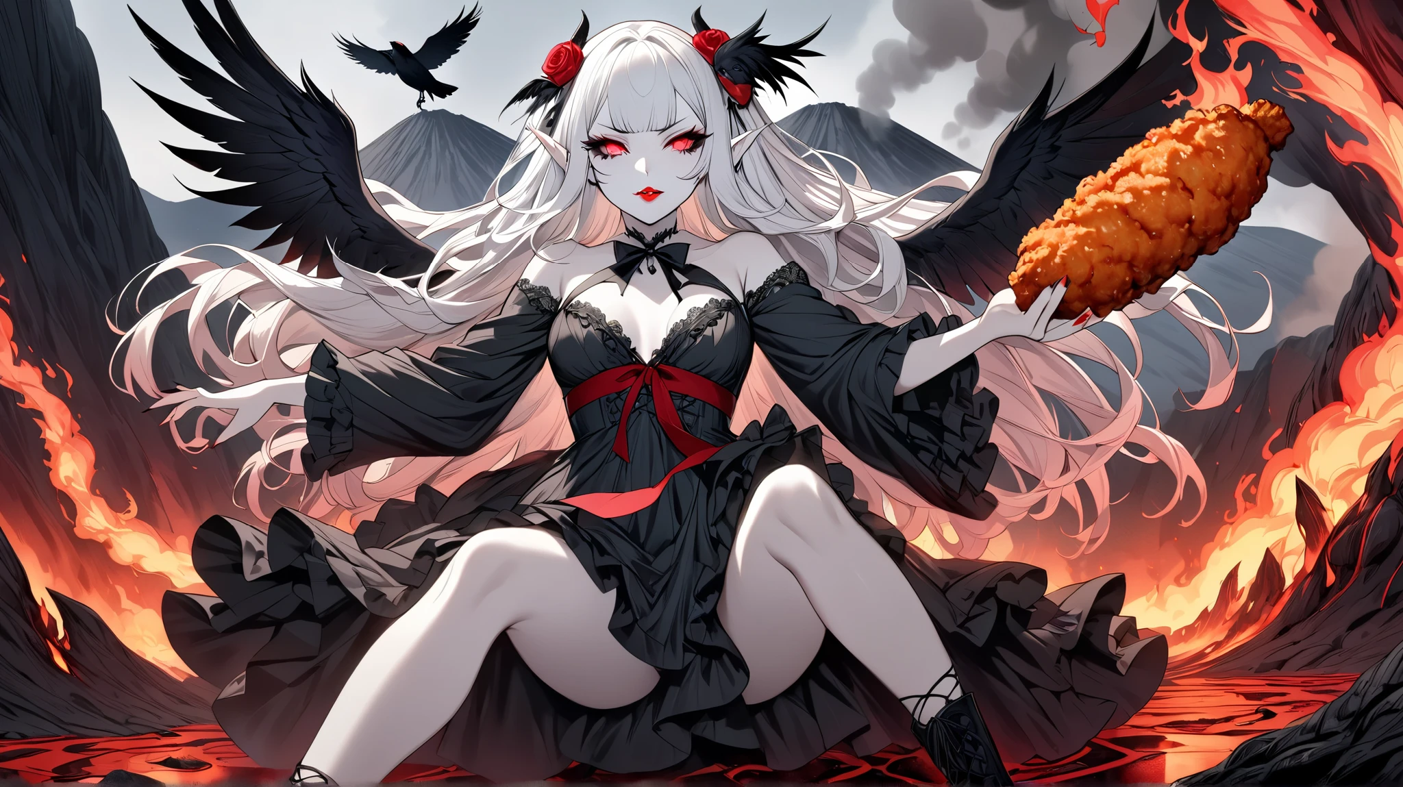 (Ultra-detailed face, Looking away, Gothic Illustration, Dark tone colors. She has five fingers on her hands and five toes on her feet.), BREAK (The composition looks up from the woman's chest to the woman's face, flames burst from the volcano, lava flows down the crater, steam billows up, and the air appears to be warped.), BREAK (A very beautiful succubus, her crow-like wings flapping widely on her back, holds out to you a hot, oil bursting, spicy fried chicken with red pepper sauce on it, as if offering it to you in a bold pose. The succubus chuckles and ahhs at you.), BREAK (She has white hair, white eyebrows, blunt bangs, long wavy hair down to her feet, small pink lips, crimson glowing eyes, clear white skin, and thick eyeliner. Her hair flutters in the hot wind blowing from the side.), BREAK (She wears a jet-black ribbon tie and a jet-black lace-up dress made of draped raven feathers with light blue lace ruffles and embroidered red roses. She wears flaming laced boots that glow on the way home.)
