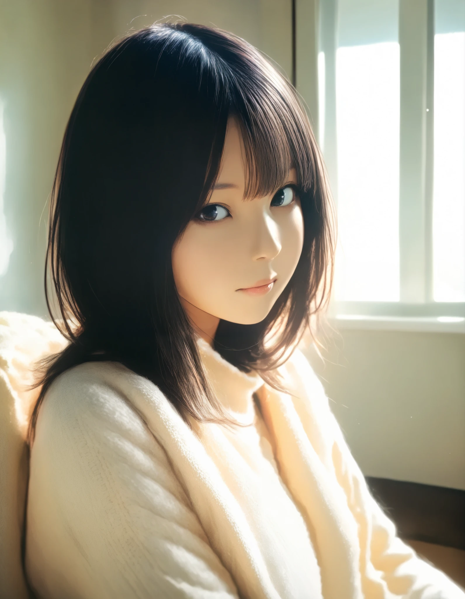 1girl, year 2016, upper body, sweater, living room, morning sunshine, masterpiece, high score, great score, absurdres, 16k, Ultra detailed, (photorealistic : 0.75)