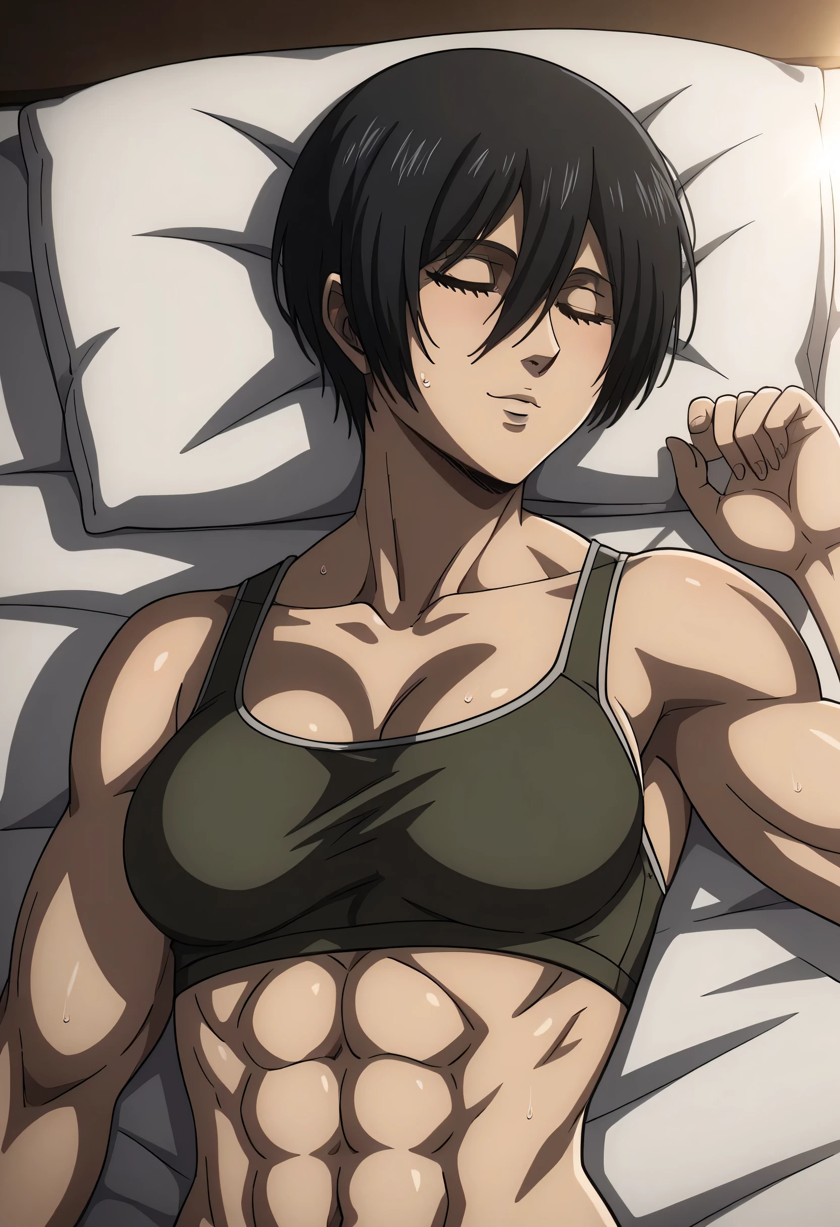 score_9, score_8_up, score_7_up, BREAK source_anime, mikasa ackrman, close eyes, black hair, short hair, medium breasts,Mikasa wreanig green tight sport  Elastic  fiber  bra and black loose military trousers,mikasa with good looking body,perfect lighting,mikasa final season design,mikasa mappa version,sleeping on  bed, Perfect generation,mikasa boy hairstyle,mikasa season 4 version,attack on titan graphics,in night,HD wallpaper,perfect colors,pixie cut hairstyle,fighting face,,Sweat body,mikasa flat stomach,mikasa only six-pack,normal body size,anime style,tone six-pack,attack on titan season 4 style,upper body,close review to character,bra design  as tank top, mikasa handsome face,in bedroom,light trun off in room,mikasa alone in room,solo,1girl, serratus anterior muscles,Qblique muscles,female navel,,too white skin,fixing graphics,mikasa laying her head in own upper shoulder,Matching muscles with mikasa apprance,mikasa moves her pelvis muscles into front,sleeping and smile,side sleeping,