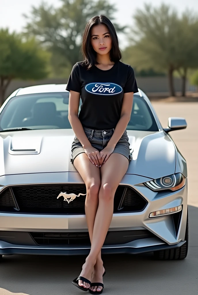 two women in white pants and a red hat are sitting on a mustang, in front of a garage, two models in the frame, 🤬 🤮 💕 🎀, twins, very wide shot, shot from the side, 🐎🍑, dominant pose, on a parking lot, low view, front angle, very very wide shot, very artistic pose, great view