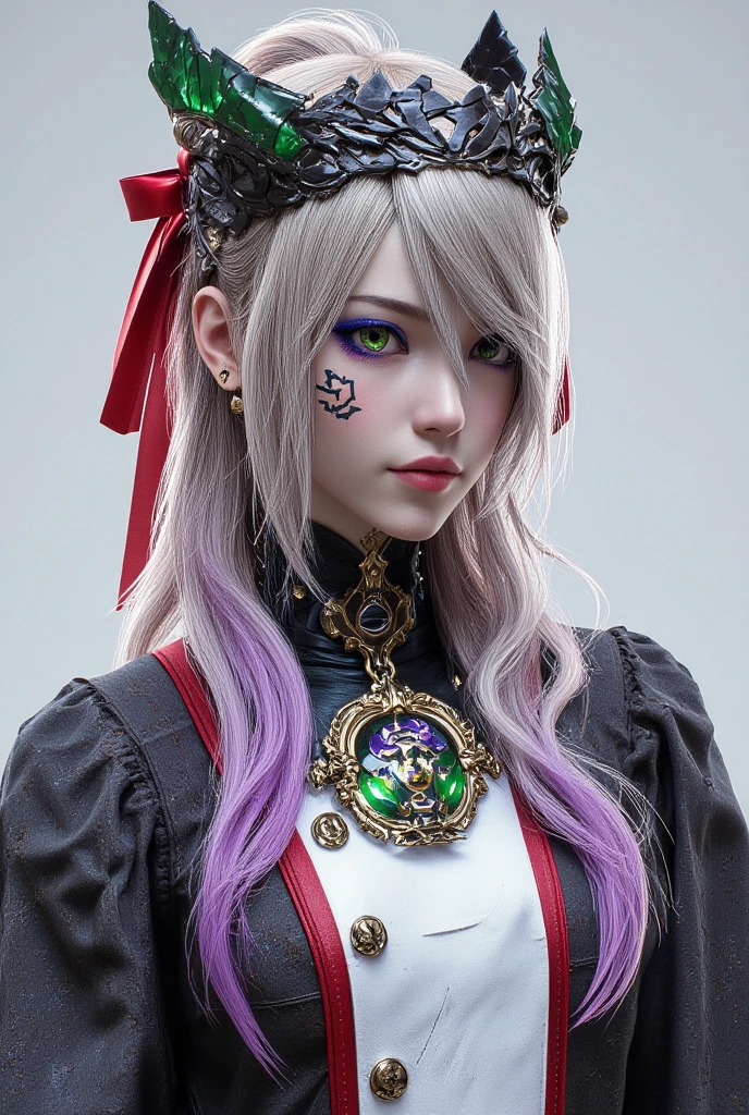 Full body image of a 21-year-old young woman with Japanese features . has long hair, reaches up to your legs, hairstyle in a ponytail adorned with a red ribbon with emerald green and a tiara of black scales with gold details, the hair is ash blonde with purple and pink tufts at the tips , she has hair between her eyes and two locks falling on her . eyes are large and slightly torn with green and yellow pupils and blue on the pupils , outlined in black with soft purple shading with blue on the eyelids , her look is serene and with a touch of sensuality . Her lips are pink with a subtle smile between her lips . She wears a uniform of a dark gray Filipina with white border and details in red , gold buttons accompanied by an emerald green medallion with gold in the shape of a dragon on the right side of her , the first button is unfastened showing her neck , has a small tribal tattoo in the shape of "S" on both sides of her neck . her collar stands out