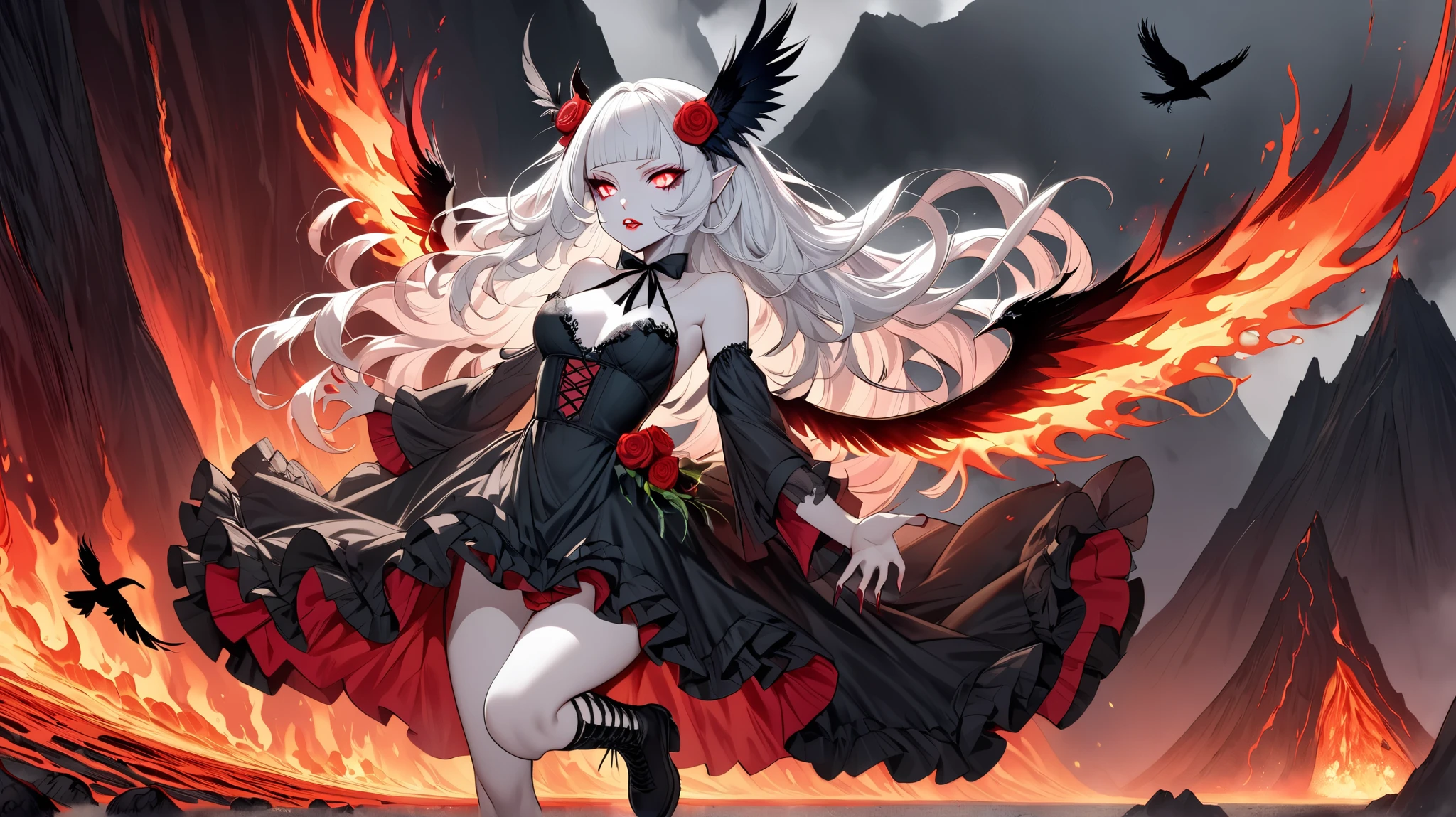 (Ultra-detailed face, Looking away, Gothic Illustration, Dark tone colors. She has five fingers on her hands and five toes on her feet.), BREAK (The composition looks up from the woman's chest to the woman's face, flames burst from the volcano, lava flows down the crater, steam billows up, and the air appears to be warped.), BREAK (A very beautiful succubus, her crow-like wings flapping widely on her back, holds out to you a hot, oil bursting, spicy fried chicken with bright red pepper sauce on it, as if offering it to you in a bold pose. The succubus chuckles and ahhs at you.), BREAK (She has white hair, white eyebrows, blunt bangs, long wavy hair down to her feet, small pink lips, crimson glowing eyes, clear white skin, and thick eyeliner. Her hair flutters in the hot wind blowing from the side.), BREAK (She wears a jet-black ribbon tie and a jet-black lace-up dress made of draped raven feathers with light blue lace ruffles and embroidered red roses. She wears flaming laced boots that glow on the way home.)