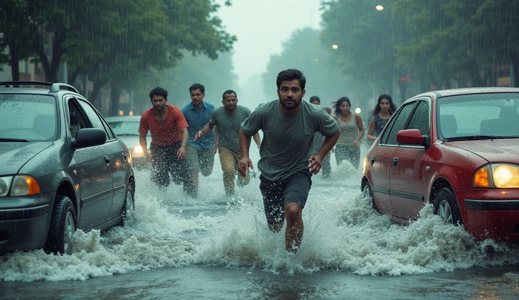 A boy is playing cricket with girls in rain in night and suddenly the police came 