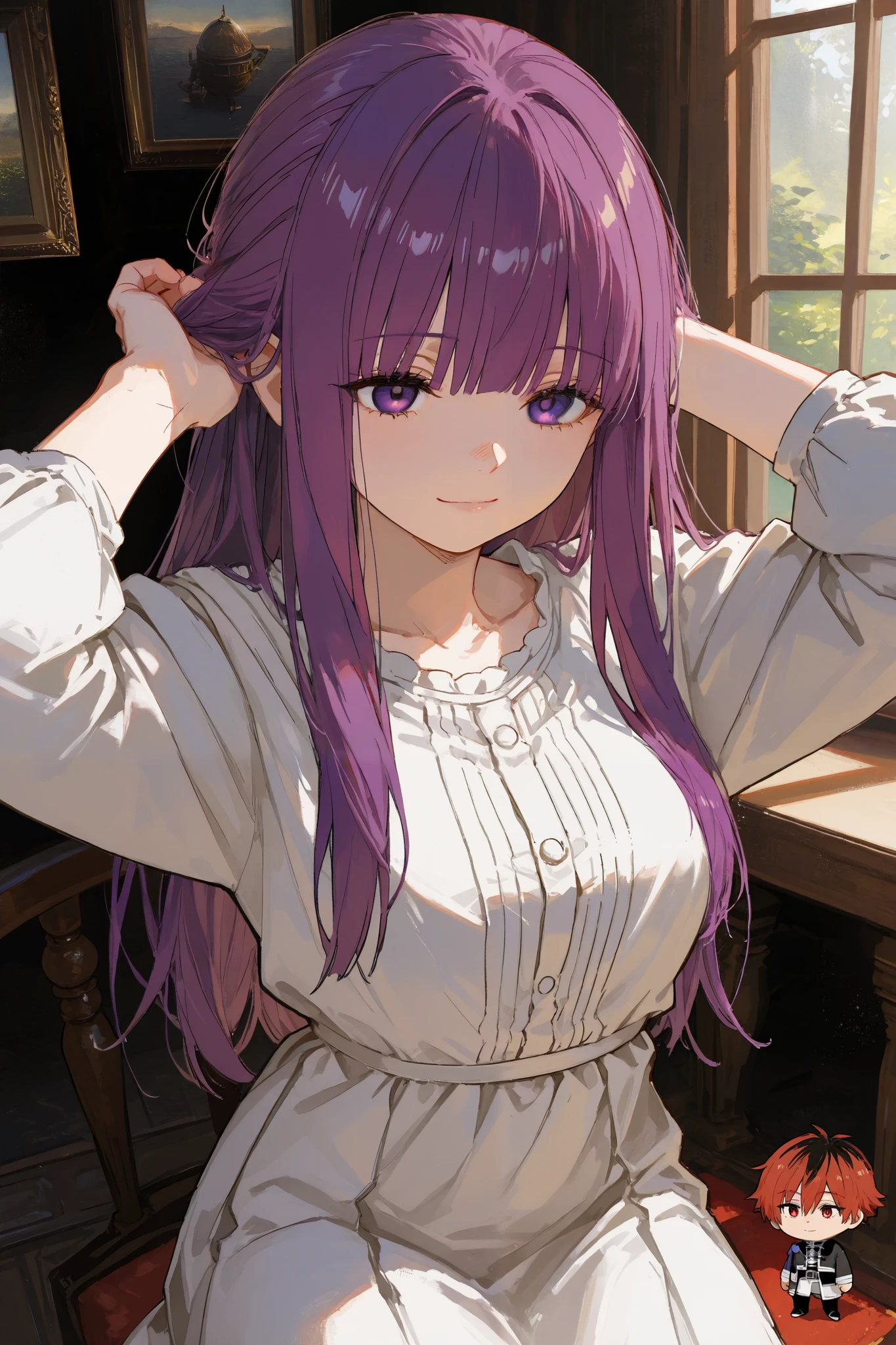 general,simplism anime illustration,chibi,1girl\(fern \(sousou no frieren\)\),light smile,bunching hair,hands up, silky delicate hair,cowboy shot,SakimiStyle,748cmstyle,detailed textures, digital painting, ultra-detailed, 8K, masterpiece, ray tracing, UHD, retina, masterpiece, accurate, anatomically correct,high score, great score, very aesthetic, high resolution,textured skin, super detail, high details, high quality, best quality, highres, 1080P, HD, 16k