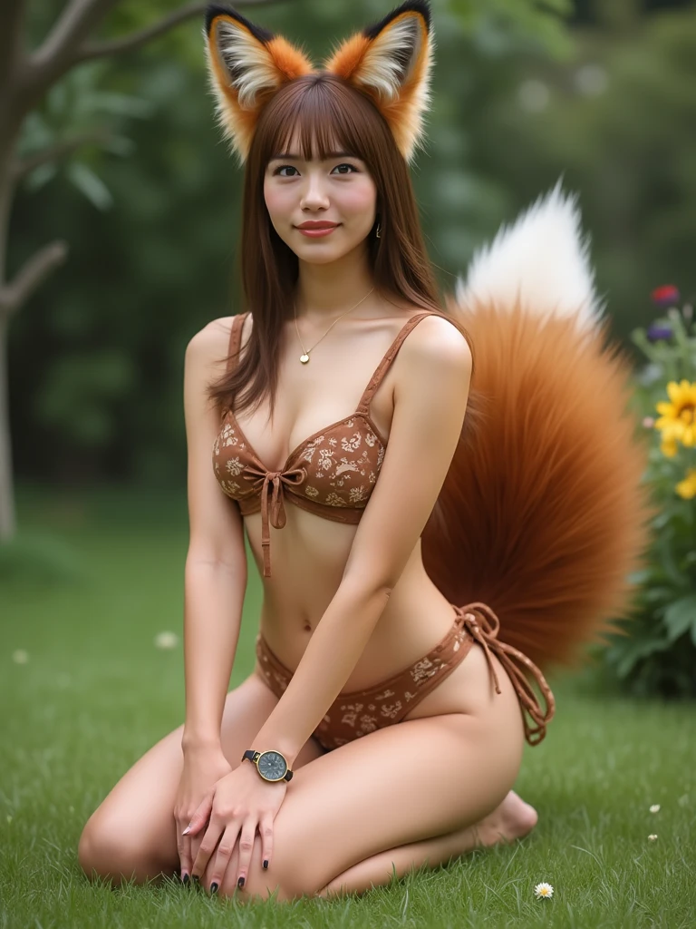 ((Highest quality, 32k)), ((masterpiece)), (Familiar), Perfect Face, Red Panda Girl, Pretty girl, Outdoor, model, Has one tail, She has a tail, She stretches out her fluffy tail, Beautiful hip line, Thick thighs, fur collar, A large tail sticks out, Walking on all fours, Waving his tail happily, She only has one tail,Smiling Kindly