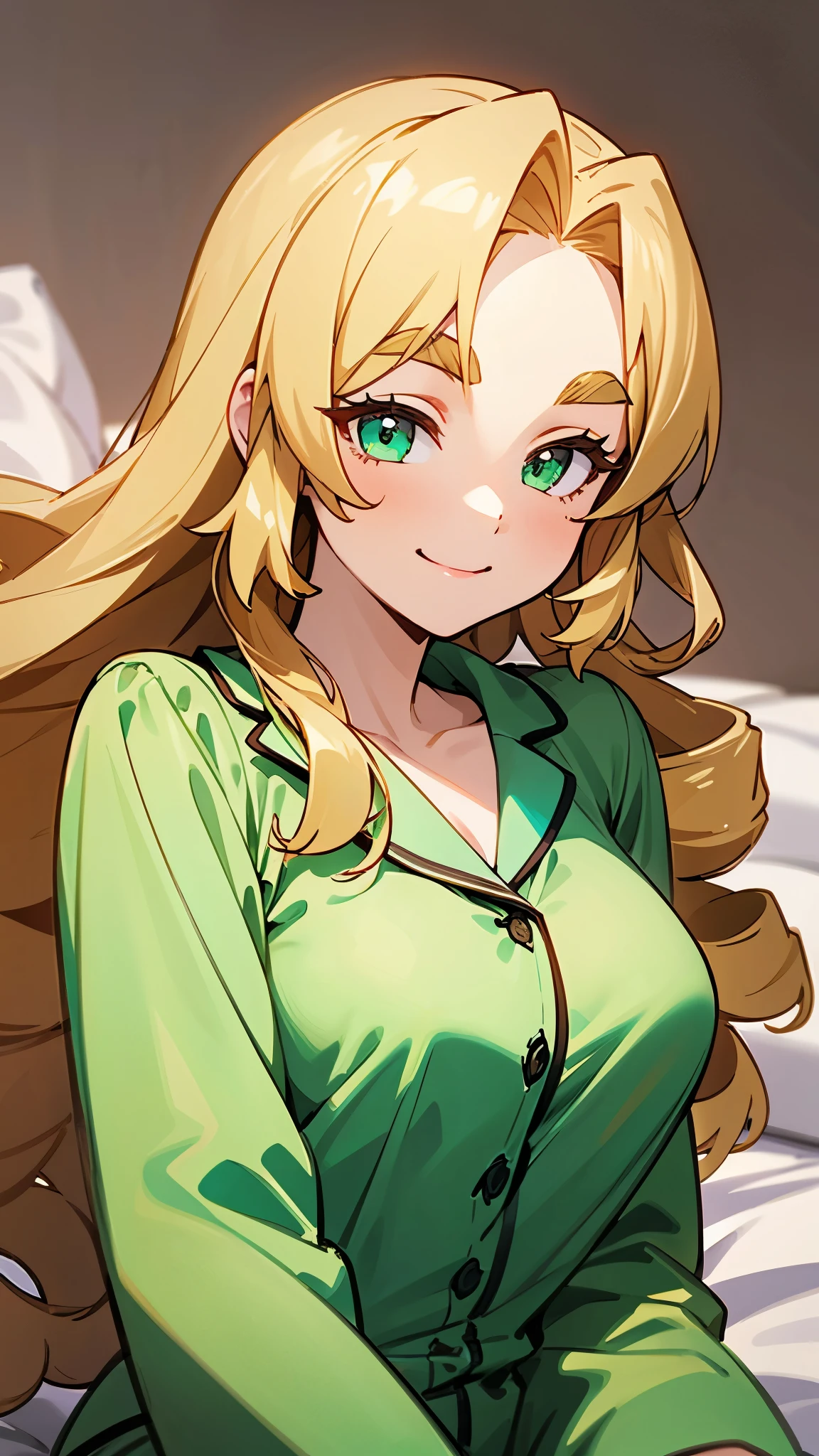 One girl sitting on the bed 、solo、 Gold、 long hair、Vertical roll hairstyle 、 emerald eyes、 thick eyebrows、smile、Wearing pajamas、 upper body close-up、 simple background