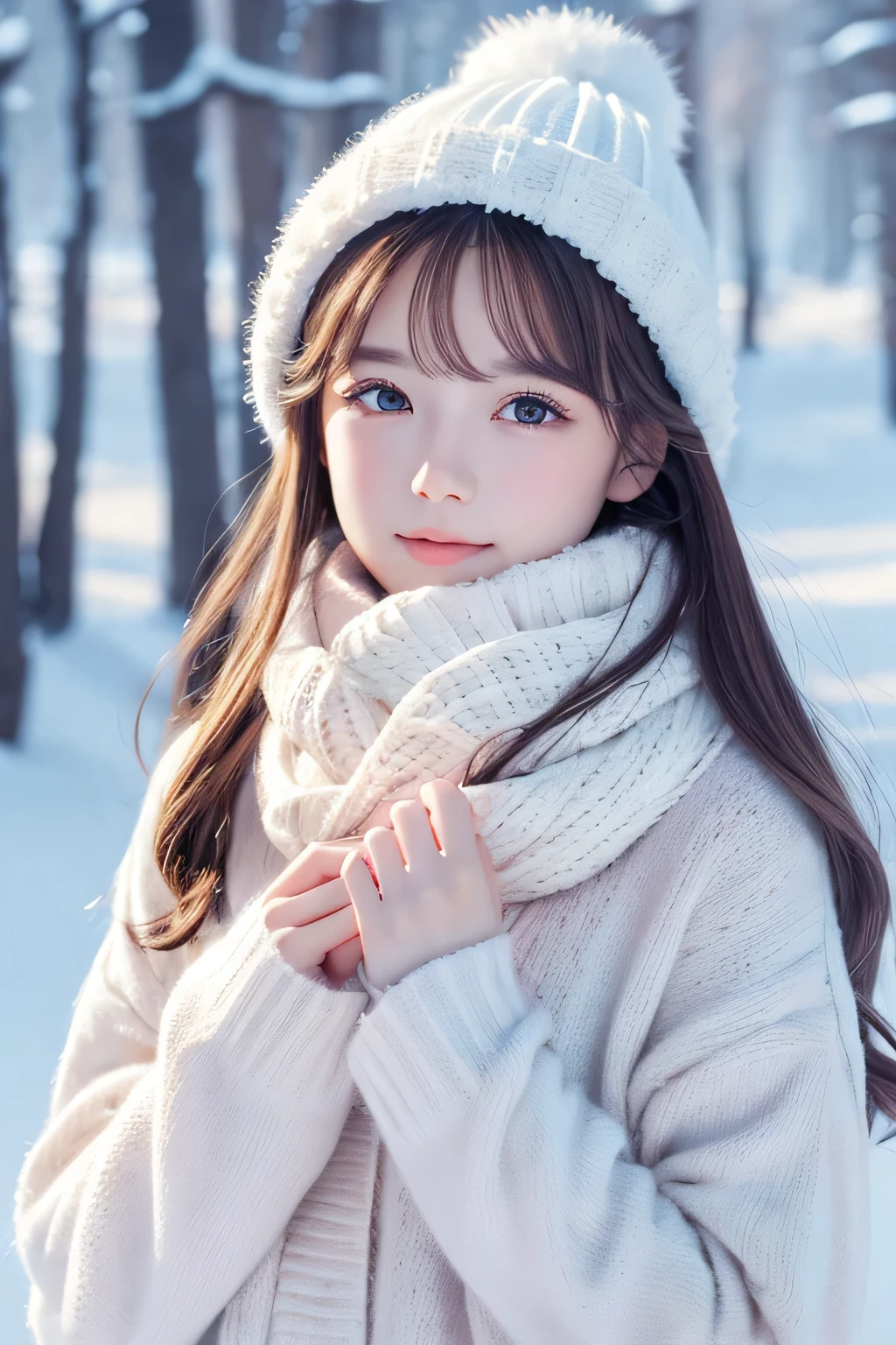 Whimsical winter tale, 1girl, fairytale dress, white fur coat, loose curly red hair with snowflakes, foggy forest background with snow, rosy cheeks and nose from the cold, frosted dreamy scene
portrait photography, 35mm film, natural blurry, filmg,