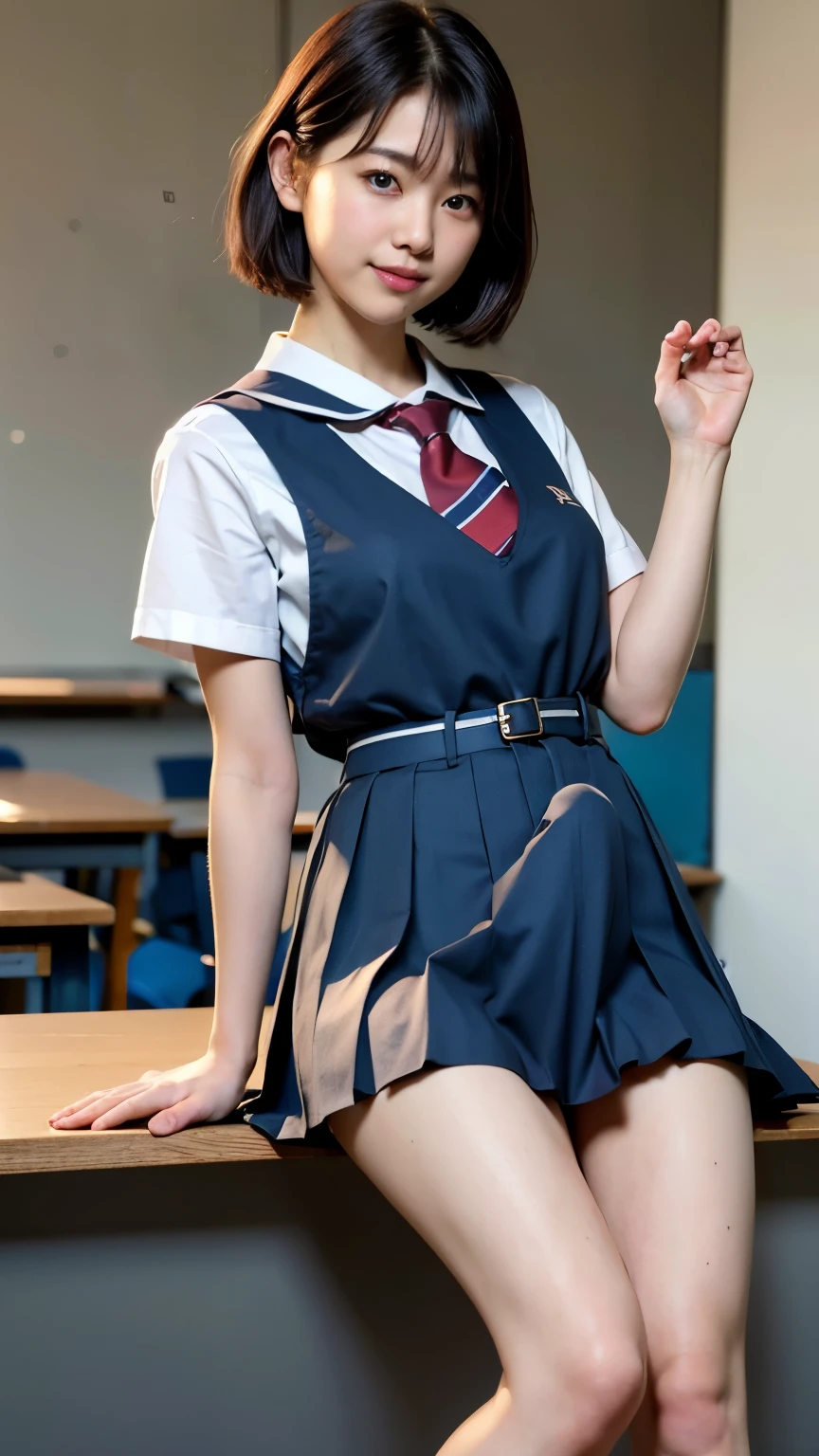 ( RAW Photo, top quality), ( by Nomi, Photorealistic:1.3), masterpiece, Extremely Delicate and Beautiful , (( professional lighting, focus on smiles and flowers )), (( black hair, Bob, short hair, semi-long, side lock)), blue trench coat , ( Fine fingers ), detailed description of the meaning and purpose of, beautiful detailed nose that smiles, beautiful eyes with attention to detail , girl, ( under the arm, Under the glossy under the arm), (Japanese junior high school girl, 18 years old), clean, clean beauty, ( cute little ), young, ((Tiny, Skinny, small hips, beautiful feet, Skinny legs Skinny knee)), (Side angle cowboy shot, full body shot :1.5), ( Watch viewers), (( school uniform)), ((Sailor uniform, Red Necktie )), ( Please roll up your own short sleeve uniform white shirt ), (( navy blue and white plaid pleated skirt))), 超 by Nomiな高校生, wearing white panties , Buttocks facing up, white thigh , (( cross your legs , sitting at the desk , classroom)), (Indoors in bright daylight:1.2), (Bokeh:1.2), by Nomi face, by Nomi body, Erection under clothes