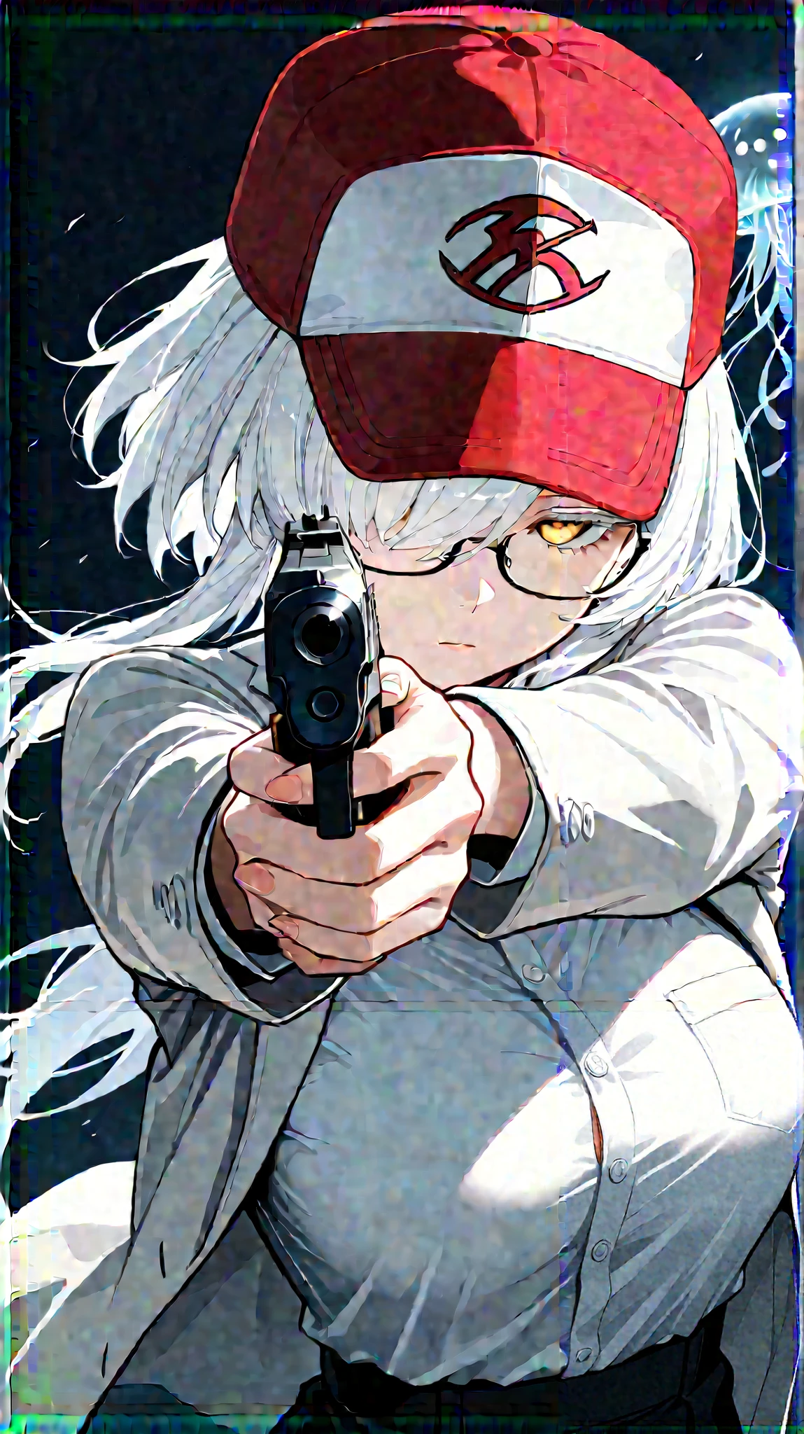 1girl,glasses,white hair, hair over one eye,very breasts,red baseball cap,emotionless eyes, yellow eyes, hold on gun ,take aim, handgun, holding, aiming,Jellyfish Cut
