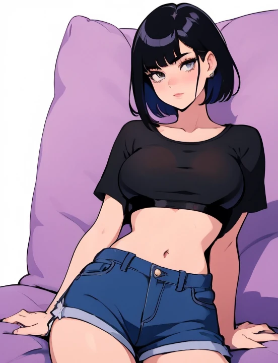 Cat girl with long black hair, small waist, sitting on couch, Erisa Fortnite, huge thighs, big boobs, wearing a thin white see through shirt, looks zesty