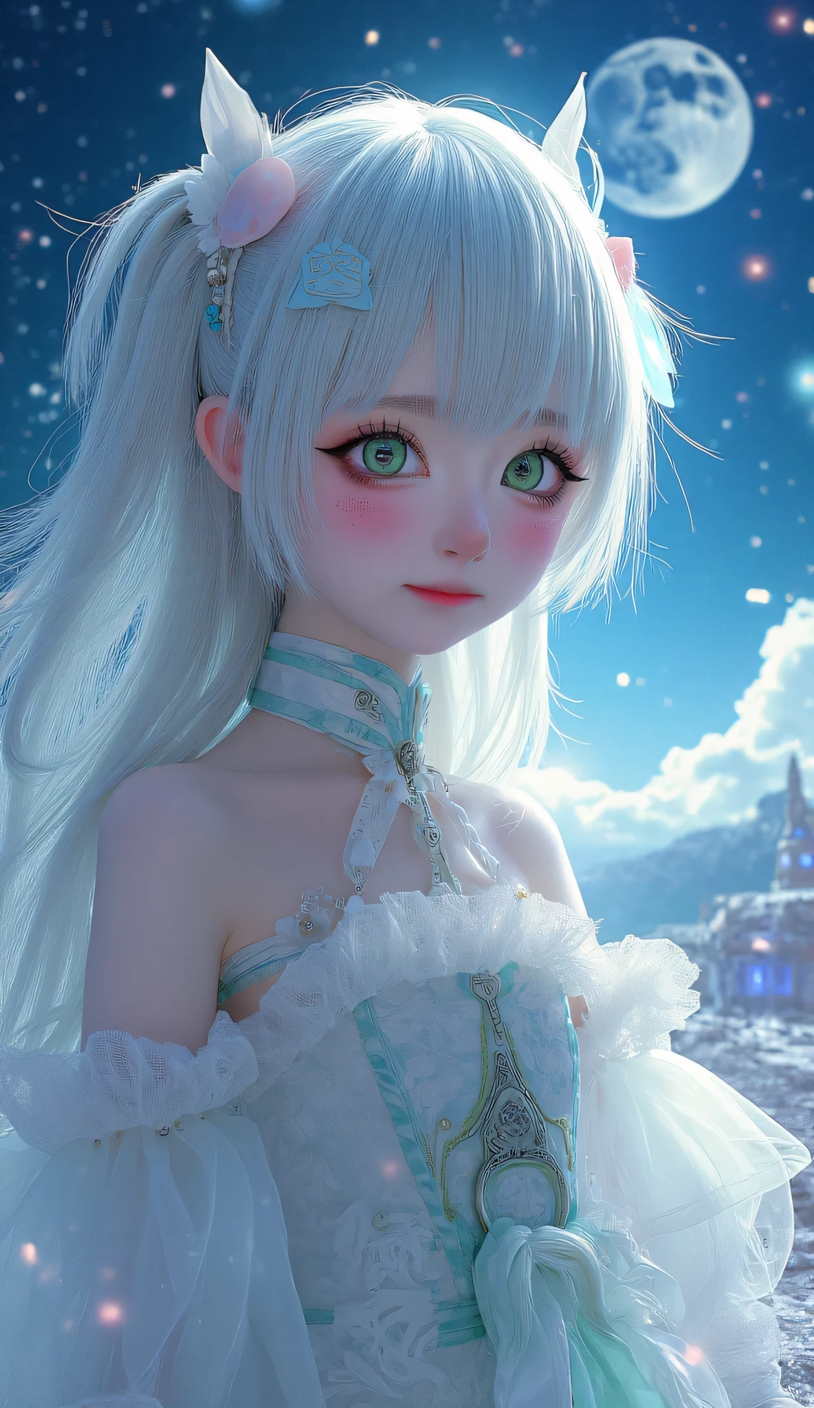 **" Anime girl with long , with iridescent silver hair , that flow , like streams of moonlight . Her eyes are emerald , deep, filled with magic and reflecting the infinity of the universe. Her face has a light blush , are in the air and under her eyes there are subtle freckles , that give her a gentle , natural charm . She is wearing a translucent dress , woven from the energy of the stars . Magical patterns flicker on the fabric , reminiscent of ancient symbols , flashing soft from time to time with . The edges of the dress are slightly dirty , as if they don't obey the laws of gravity . Floating magic glyphs , shimmering with soft shades of purple and blue . In the background there is a fantastic landscape : Floating Islands, ancient ruins, a starry sky with two moons and shining clouds . The whole space is filled with light particles of light , creating an atmosphere of mystery and magic . Her pose is elegant , Graceful, with a slight hint of shyness , but in her eyes there is wisdom and inner strength . She is surrounded by an aura of magic , that makes her look like the goddess of starlight."**