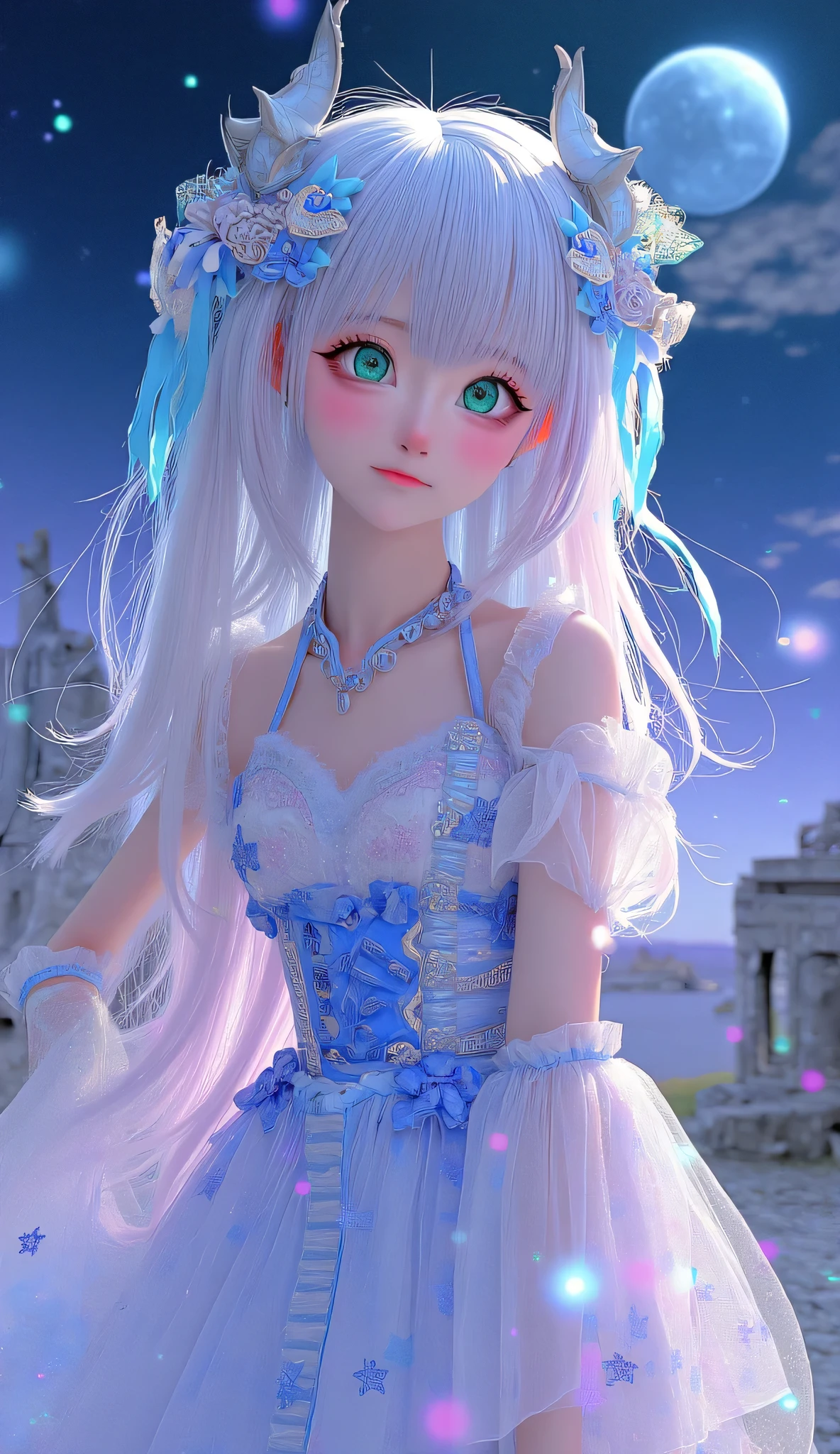 **" Anime girl with long , with iridescent silver hair , that flow , like streams of moonlight . Her eyes are emerald , deep, filled with magic and reflecting the infinity of the universe. Her face has a light blush , are in the air and under her eyes there are subtle freckles , that give her a gentle , natural charm . She is wearing a translucent dress , woven from the energy of the stars . Magical patterns flicker on the fabric , reminiscent of ancient symbols , flashing soft from time to time with . The edges of the dress are slightly dirty , as if they don't obey the laws of gravity . Floating magic glyphs , shimmering with soft shades of purple and blue . In the background there is a fantastic landscape : Floating Islands, ancient ruins, a starry sky with two moons and shining clouds . The whole space is filled with light particles of light , creating an atmosphere of mystery and magic . Her pose is elegant , Graceful, with a slight hint of shyness , but in her eyes there is wisdom and inner strength . She is surrounded by an aura of magic , that makes her look like the goddess of starlight."**