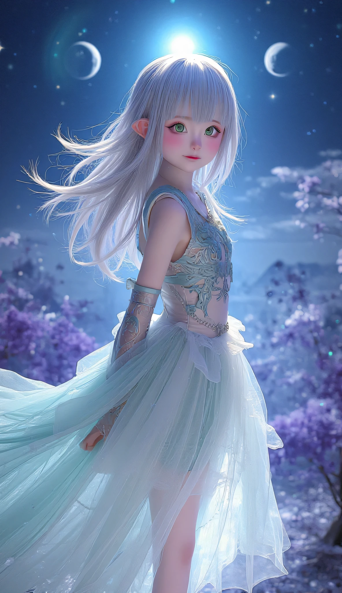 **" Anime girl with long , with iridescent silver hair , that flow , like streams of moonlight . Her eyes are emerald , deep, filled with magic and reflecting the infinity of the universe. Her face has a light blush , are in the air and under her eyes there are subtle freckles , that give her a gentle , natural charm . She is wearing a translucent dress , woven from the energy of the stars . Magical patterns flicker on the fabric , reminiscent of ancient symbols , flashing soft from time to time with . The edges of the dress are slightly dirty , as if they don't obey the laws of gravity . Floating magic glyphs , shimmering with soft shades of purple and blue . In the background there is a fantastic landscape : Floating Islands, ancient ruins, a starry sky with two moons and shining clouds . The whole space is filled with light particles of light , creating an atmosphere of mystery and magic . Her pose is elegant , Graceful, with a slight hint of shyness , but in her eyes there is wisdom and inner strength . She is surrounded by an aura of magic , that makes her look like the goddess of starlight."**