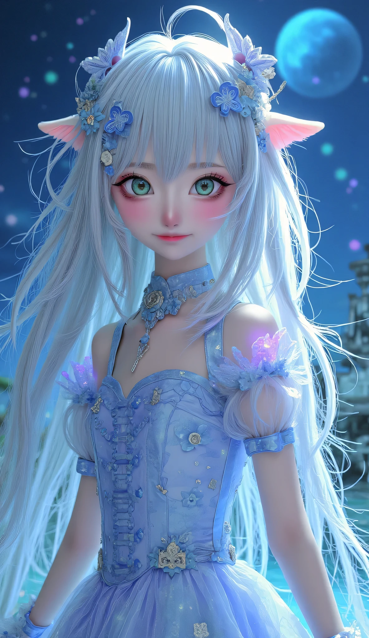 **" Anime girl with long , with iridescent silver hair , that flow , like streams of moonlight . Her eyes are emerald , deep, filled with magic and reflecting the infinity of the universe. Her face has a light blush , are in the air and under her eyes there are subtle freckles , that give her a gentle , natural charm . She is wearing a translucent dress , woven from the energy of the stars . Magical patterns flicker on the fabric , reminiscent of ancient symbols , flashing soft from time to time with . The edges of the dress are slightly dirty , as if they don't obey the laws of gravity . Floating magic glyphs , shimmering with soft shades of purple and blue . In the background there is a fantastic landscape : Floating Islands, ancient ruins, a starry sky with two moons and shining clouds . The whole space is filled with light particles of light , creating an atmosphere of mystery and magic . Her pose is elegant , Graceful, with a slight hint of shyness , but in her eyes there is wisdom and inner strength . She is surrounded by an aura of magic , that makes her look like the goddess of starlight."**
