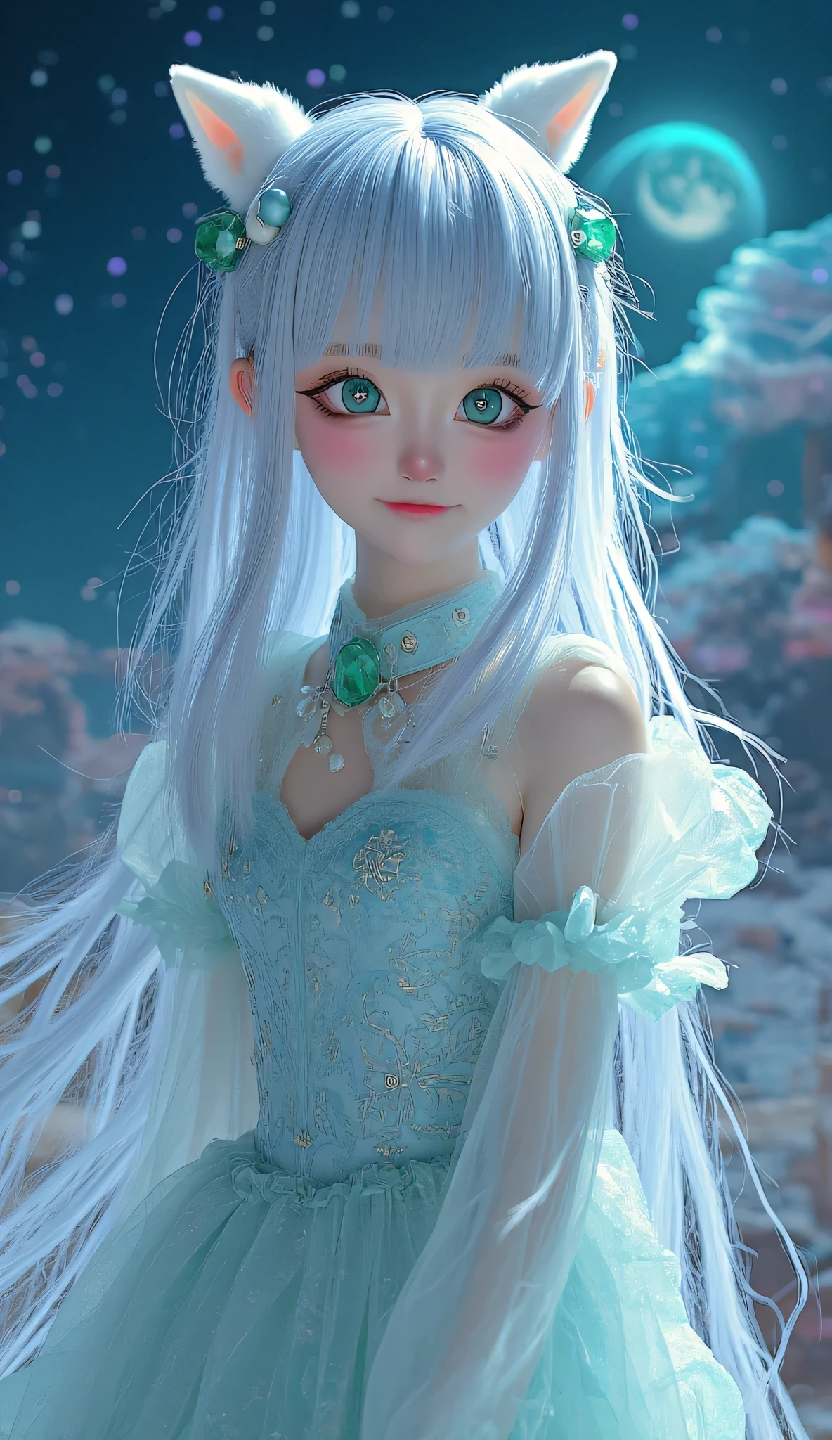 **" Anime girl with long , with iridescent silver hair , that flow , like streams of moonlight . Her eyes are emerald , deep, filled with magic and reflecting the infinity of the universe. Her face has a light blush , are in the air and under her eyes there are subtle freckles , that give her a gentle , natural charm . She is wearing a translucent dress , woven from the energy of the stars . Magical patterns flicker on the fabric , reminiscent of ancient symbols , flashing soft from time to time with . The edges of the dress are slightly dirty , as if they don't obey the laws of gravity . Floating magic glyphs , shimmering with soft shades of purple and blue . In the background there is a fantastic landscape : Floating Islands, ancient ruins, a starry sky with two moons and shining clouds . The whole space is filled with light particles of light , creating an atmosphere of mystery and magic . Her pose is elegant , Graceful, with a slight hint of shyness , but in her eyes there is wisdom and inner strength . She is surrounded by an aura of magic , that makes her look like the goddess of starlight."**