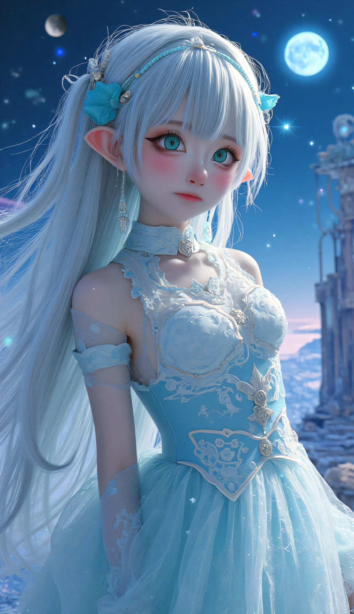**" Anime girl with long , with iridescent silver hair , that flow , like streams of moonlight . Her eyes are emerald , deep, filled with magic and reflecting the infinity of the universe. Her face has a light blush , are in the air and under her eyes there are subtle freckles , that give her a gentle , natural charm . She is wearing a translucent dress , woven from the energy of the stars . Magical patterns flicker on the fabric , reminiscent of ancient symbols , flashing soft from time to time with . The edges of the dress are slightly dirty , as if they don't obey the laws of gravity . Floating magic glyphs , shimmering with soft shades of purple and blue . In the background there is a fantastic landscape : Floating Islands, ancient ruins, a starry sky with two moons and shining clouds . The whole space is filled with light particles of light , creating an atmosphere of mystery and magic . Her pose is elegant , Graceful, with a slight hint of shyness , but in her eyes there is wisdom and inner strength . She is surrounded by an aura of magic , that makes her look like the goddess of starlight."**