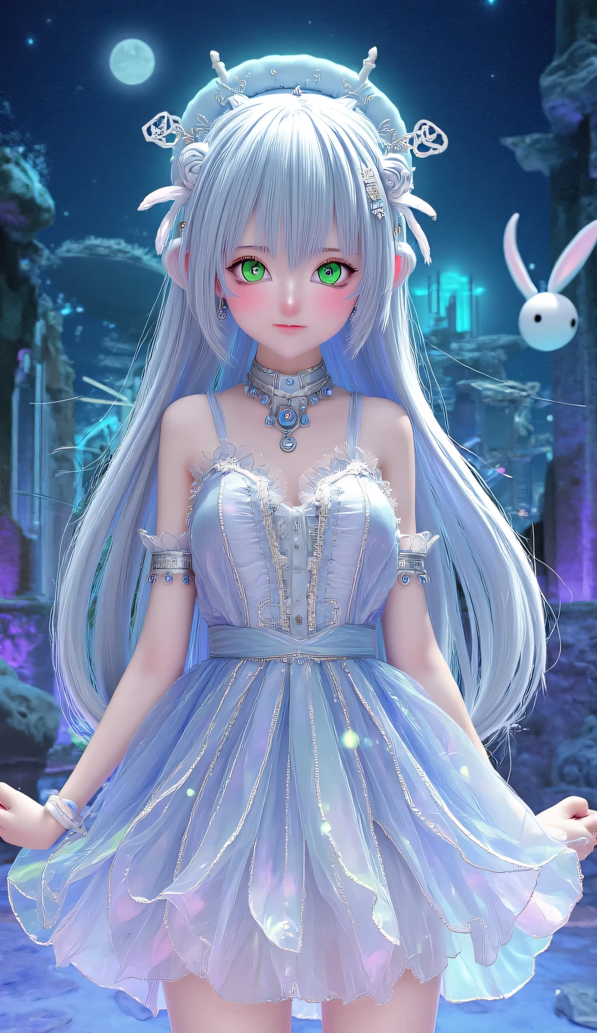 **" Anime girl with long , with iridescent silver hair , that flow , like streams of moonlight . Her eyes are emerald , deep, filled with magic and reflecting the infinity of the universe. Her face has a light blush , are in the air and under her eyes there are subtle freckles , that give her a gentle , natural charm . She is wearing a translucent dress , woven from the energy of the stars . Magical patterns flicker on the fabric , reminiscent of ancient symbols , flashing soft from time to time with . The edges of the dress are slightly dirty , as if they don't obey the laws of gravity . Floating magic glyphs , shimmering with soft shades of purple and blue . In the background there is a fantastic landscape : Floating Islands, ancient ruins, a starry sky with two moons and shining clouds . The whole space is filled with light particles of light , creating an atmosphere of mystery and magic . Her pose is elegant , Graceful, with a slight hint of shyness , but in her eyes there is wisdom and inner strength . She is surrounded by an aura of magic , that makes her look like the goddess of starlight."**
