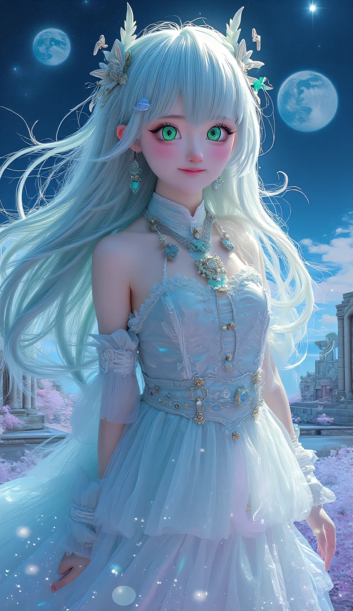 **" Anime girl with long , with iridescent silver hair , that flow , like streams of moonlight . Her eyes are emerald , deep, filled with magic and reflecting the infinity of the universe. Her face has a light blush , are in the air and under her eyes there are subtle freckles , that give her a gentle , natural charm . She is wearing a translucent dress , woven from the energy of the stars . Magical patterns flicker on the fabric , reminiscent of ancient symbols , flashing soft from time to time with . The edges of the dress are slightly dirty , as if they don't obey the laws of gravity . Floating magic glyphs , shimmering with soft shades of purple and blue . In the background there is a fantastic landscape : Floating Islands, ancient ruins, a starry sky with two moons and shining clouds . The whole space is filled with light particles of light , creating an atmosphere of mystery and magic . Her pose is elegant , Graceful, with a slight hint of shyness , but in her eyes there is wisdom and inner strength . She is surrounded by an aura of magic , that makes her look like the goddess of starlight."**