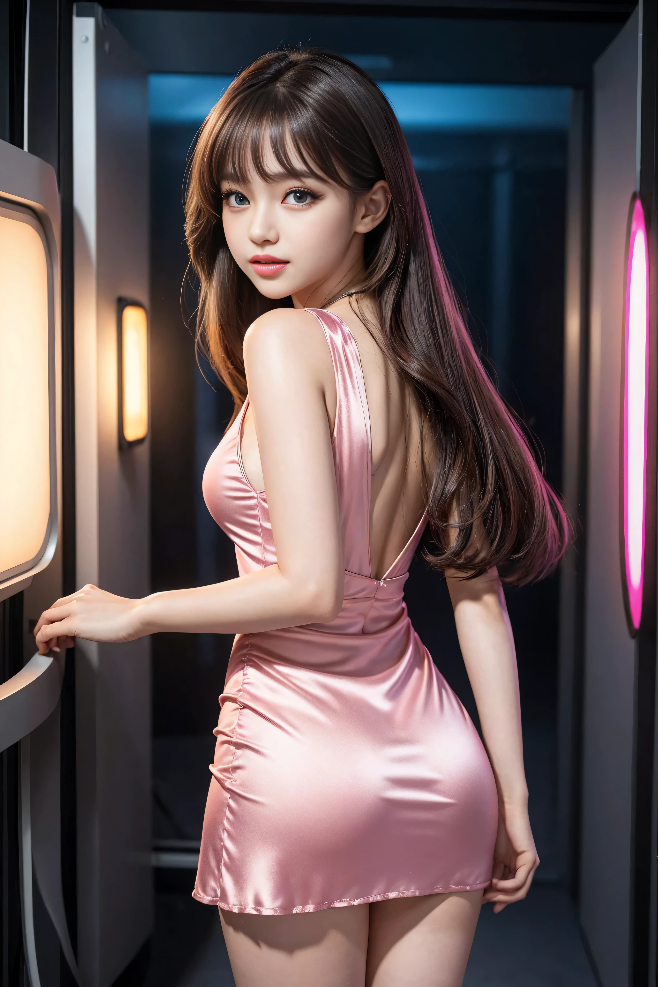 Araffe woman in a pink dress standing in front of a television - SeaArt AI