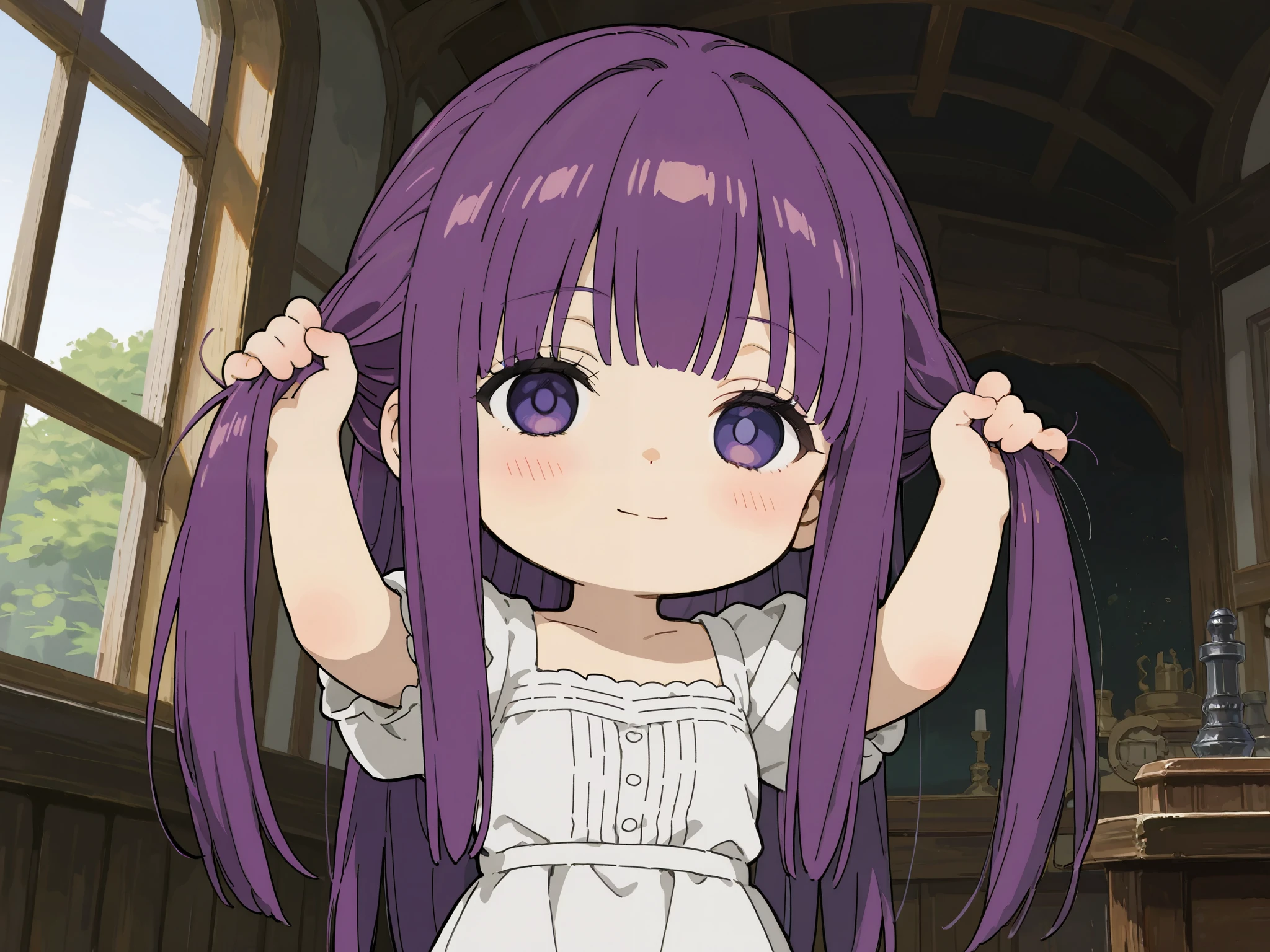 Anime girl with purple hair and purple eyes in a room - SeaArt AI
