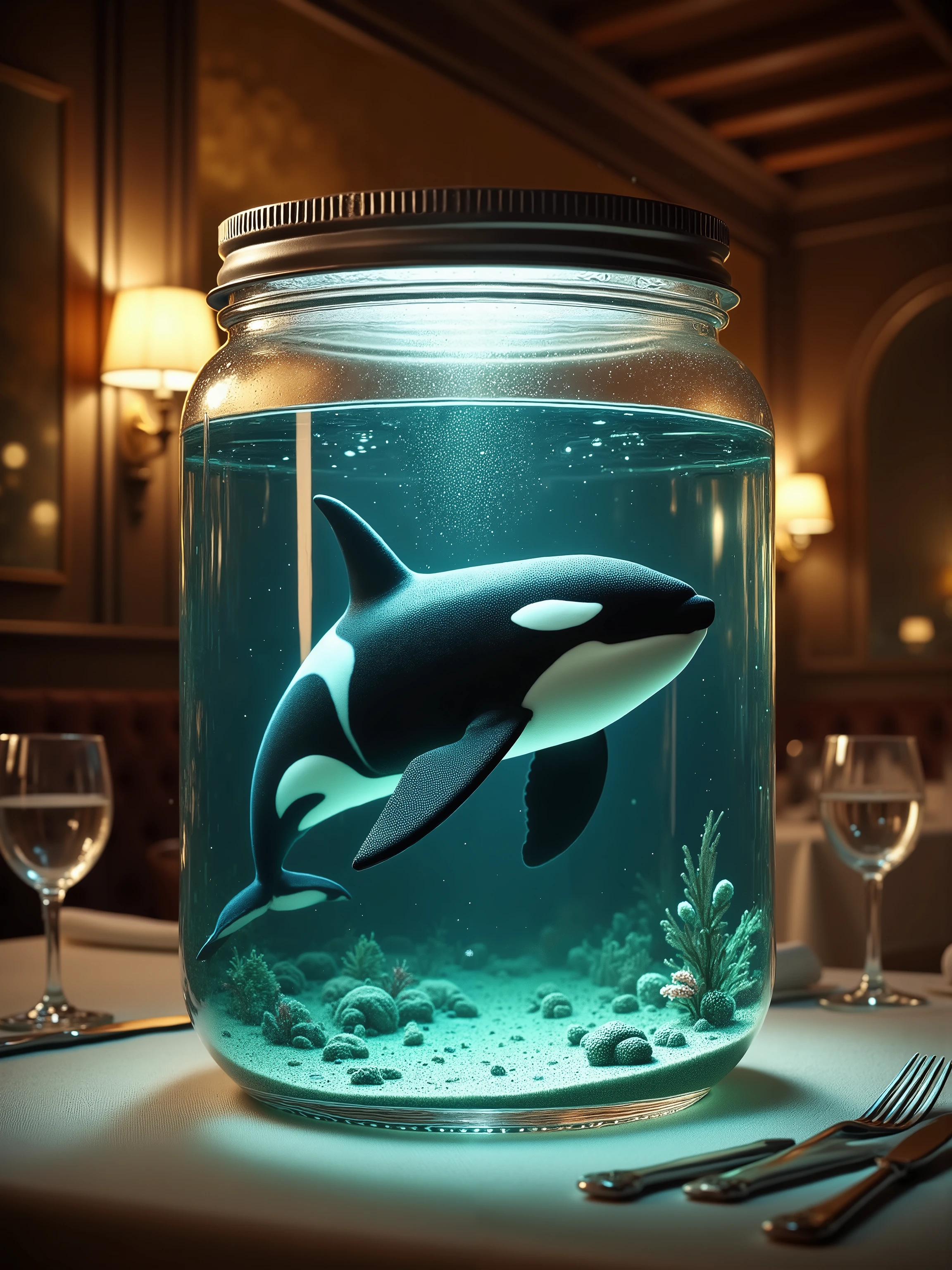 A high resolution photograph of a killer whale swimming in the sea hidden world inside of a clear jar on the table set against restaurant. Intricate details, detailed description.