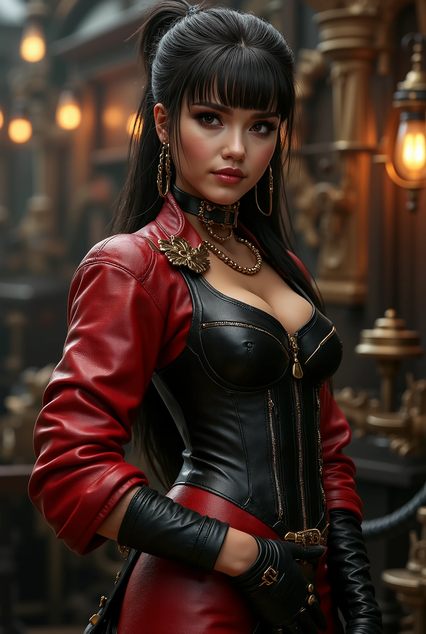 best quality,4k,8k,highres,masterpiece:1.2),ultra-detailed,(Ultra-realistic, photorealistic,photo-realistic:1.37), best quality, highres, 4k, 8k, amazing quality, Photo full portrait of photo real. black and red leather steampunk woman. steampunk background. “full body portrait” digital SLR camera, light tracing, 3d, concept art, action painting, cinematic lighting, chiaroscuro, (1.3)