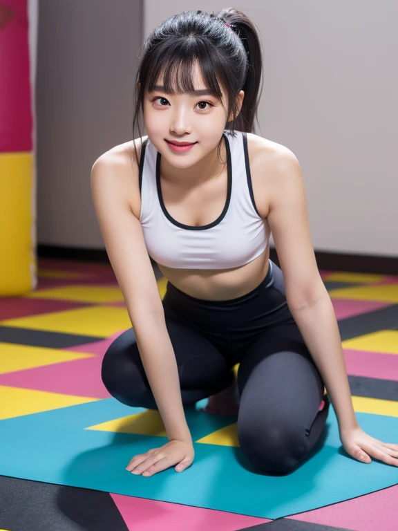 K-pop trainee,Kneel on the floor of the room,Push up wearing black holes,White viscous liquid left at the corners of the mouth,Expression of pain
