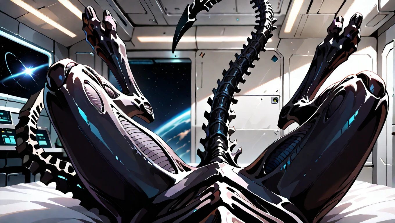 (POV, My POV, First-Person View, True First-Person Perspective, POV view, From the eyes of the character, male POV, accurate POV), realism, sharp, depth of field, eye adaptation, solo, (My character: Xenomorph), Alien, digitigrade, Xenomorph tail, indoors, space station bedroom, bed, lying on back, masterpiece, best quality, amazing quality, absurdres, detailed