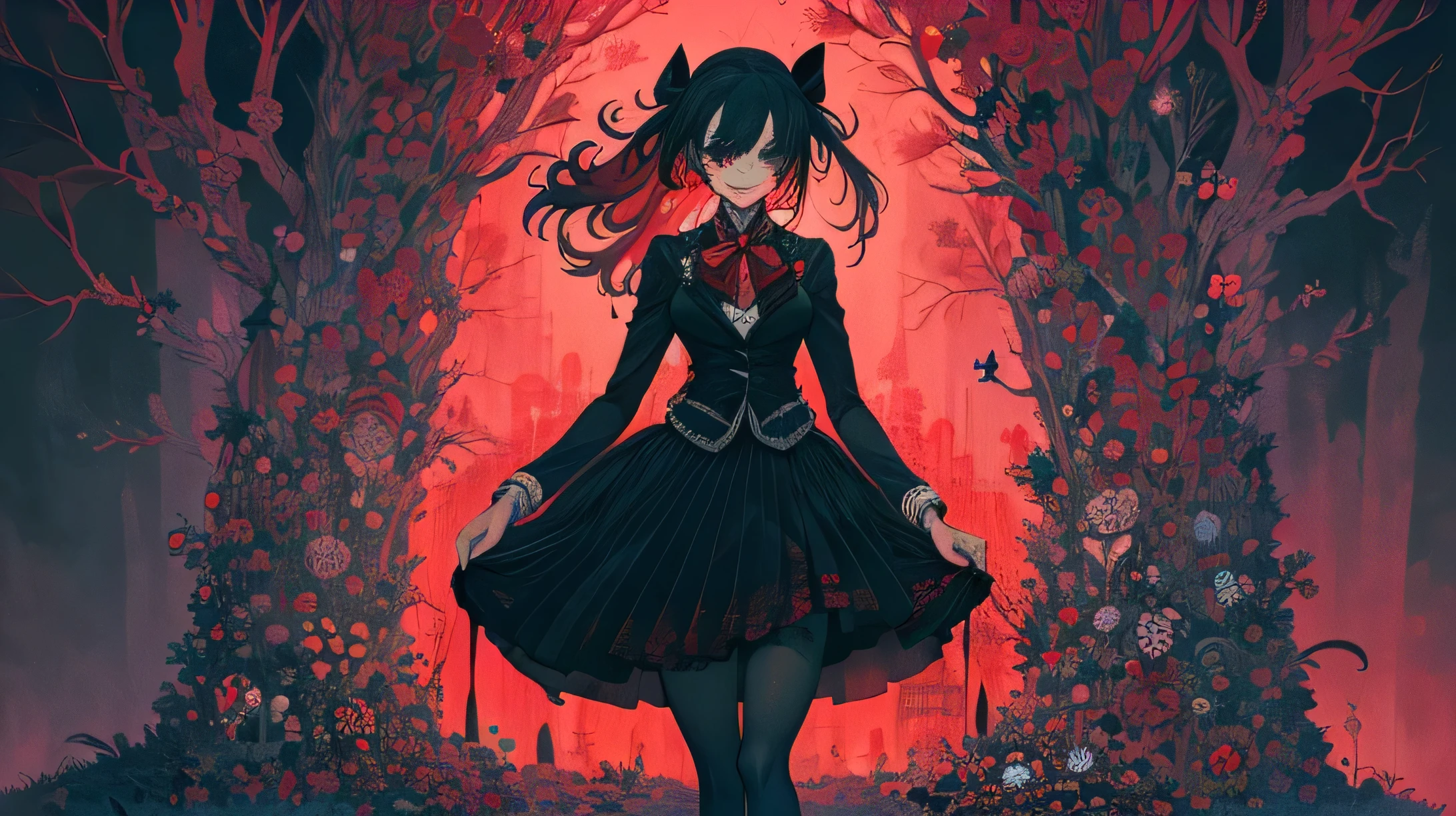 masterpiece, the best quality, intricately detailed , a woman, beautiful, elegant, smile, blood, Long Iridescent Hair, blows, bow, hair bow, skirt, shirt, Long Sleeves Leather, Ornaments, Shoes, bowtie, ( Red and Black:1.4), flower, creepy, horror, calaveras