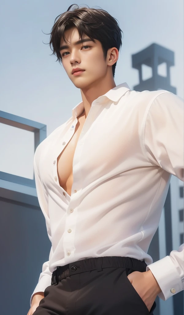 satoru gojo, cabelo branco, olhos azuis, sem camisa, Black pants, sapato, corpo todo olhando para o espectador, fundo 4k.