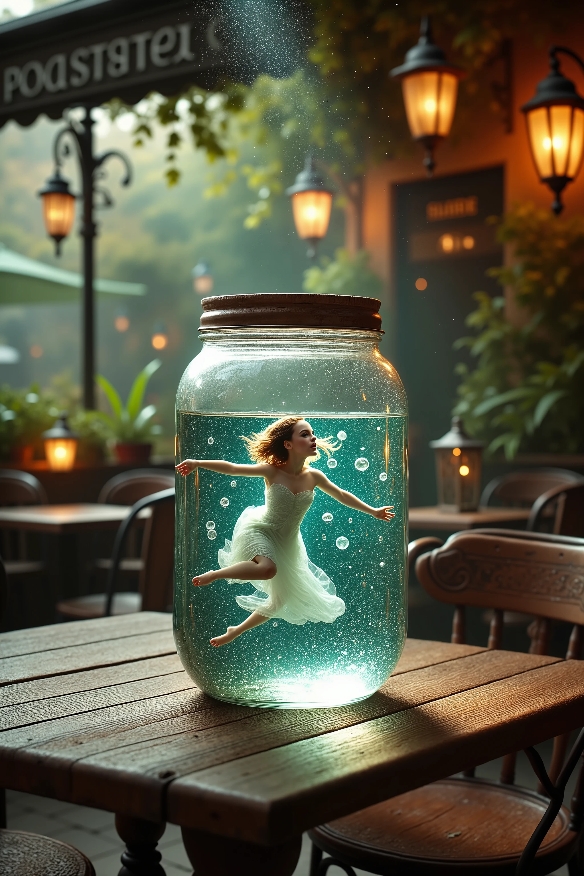 A high resolution photograph of Emma Watson swimming in the sea hidden world inside of a clear jar on the table set against cafe terrace. Intricate details, detailed description.