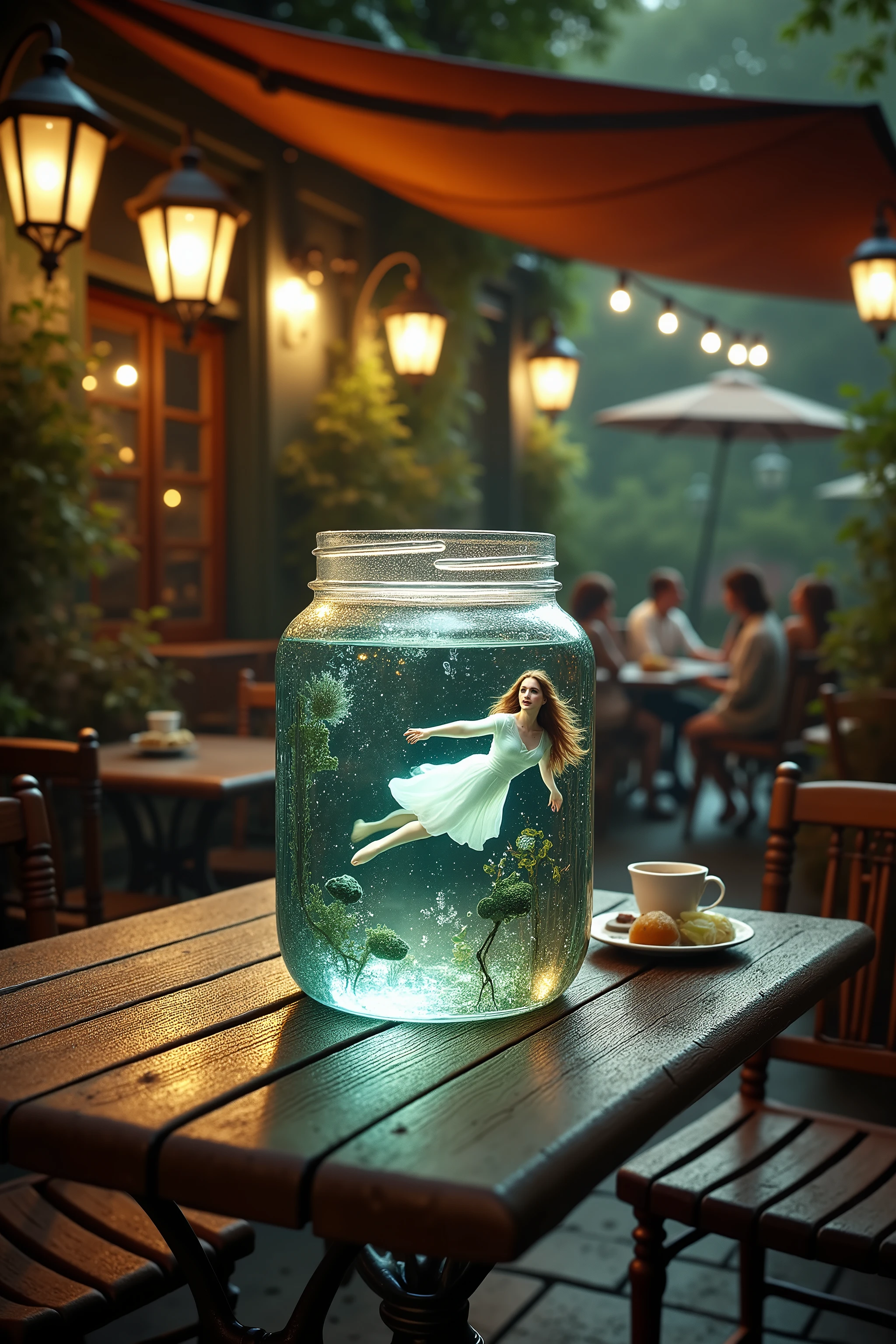 A high resolution photograph of Emma Watson swimming in the sea hidden world inside of a clear jar on the table set against cafe terrace. Intricate details, detailed description.