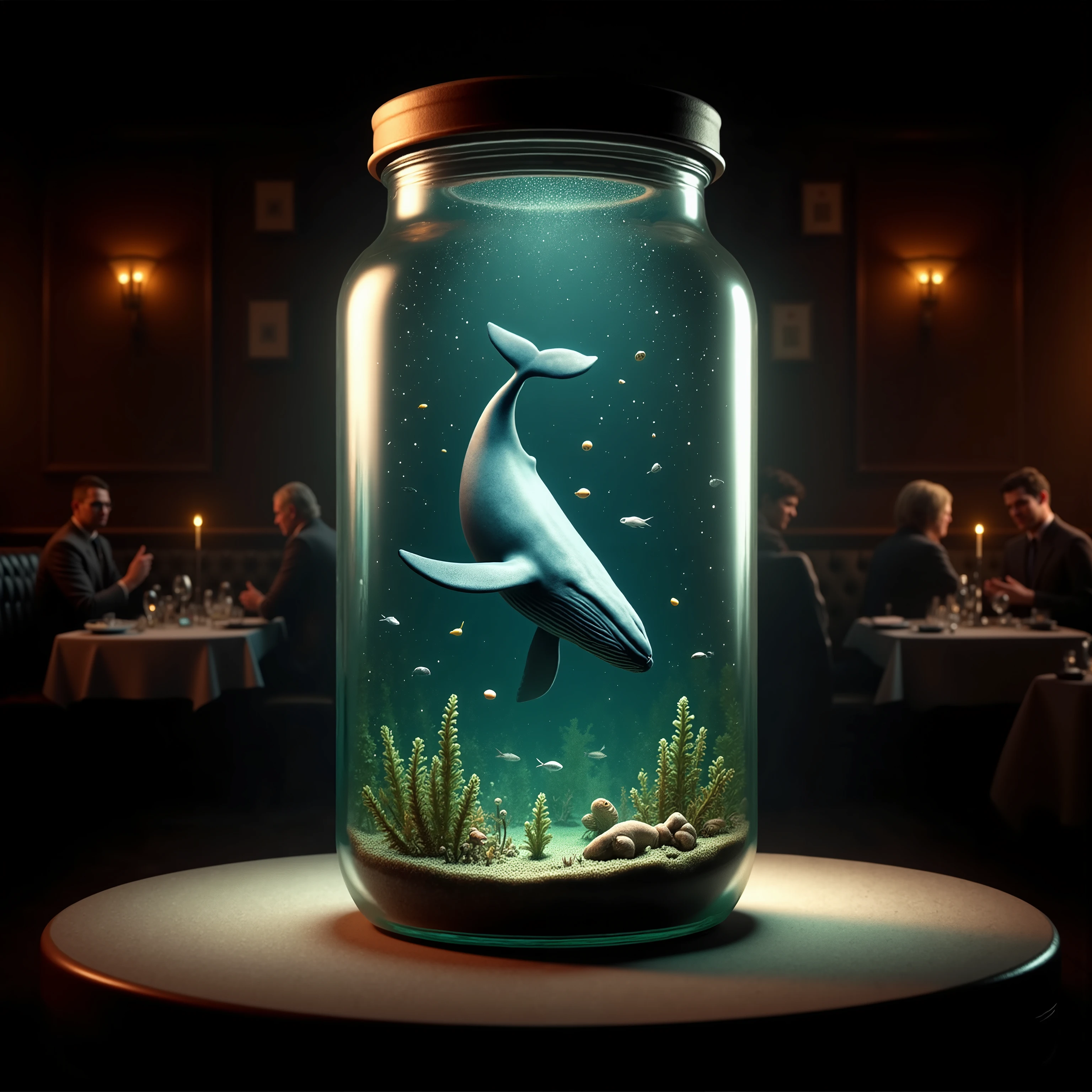 a whale swimming in the ocean hidden world inside of a clear jar on the table set against restaurant.