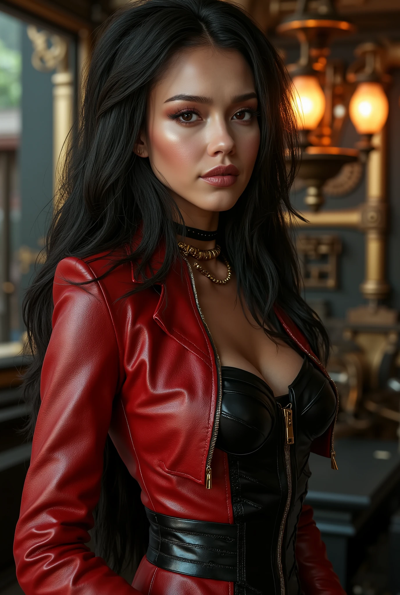best quality,4k,8k,highres,masterpiece:1.2),ultra-detailed,(Ultra-realistic, photorealistic,photo-realistic:1.37), best quality, highres, 4k, 8k, amazing quality, Photo full portrait of photo real. black and red leather steampunk woman. steampunk background. “full body portrait” digital SLR camera, light tracing, 3d, concept art, action painting, cinematic lighting, chiaroscuro, (1.3)