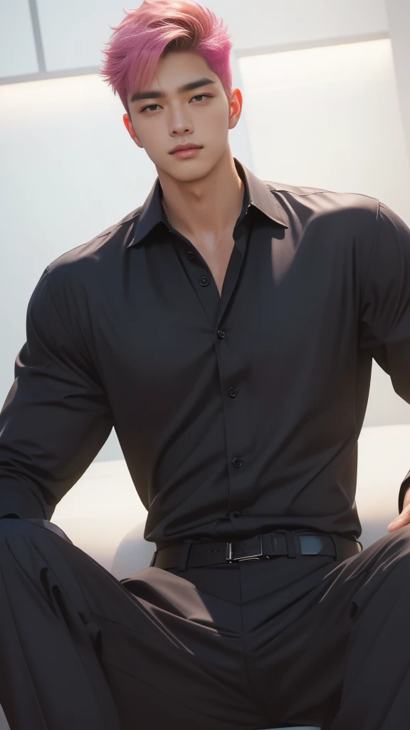 Wet Sexy asian man, male in a wet white shirt and tan pants sitting on a chair, big chest, handsome man, handsome guy, handsome stunning realistic, portrait of a handsome man, clothed in wet white shirt, sweat, (best quality)), ((masterpiece)), (detailed)
