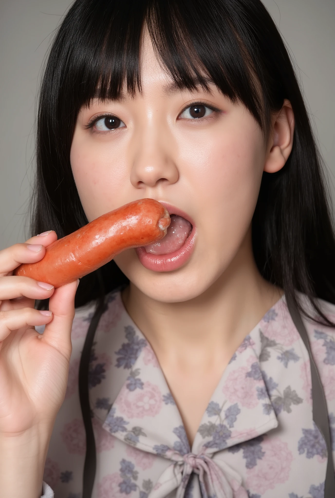 HIGH RESOLUTION YOUNG JAPANESE FEMALE IDOL「Kakki」Photo of, Alone, ( Open Your Mouth, After the blowjob、 ejaculate in mouth), 屋内で 、 A Japanese woman in her 30s puts white sauce around her mouth、I have the tip of a large sausage in my mouth、Tip of a sausage in her mouth