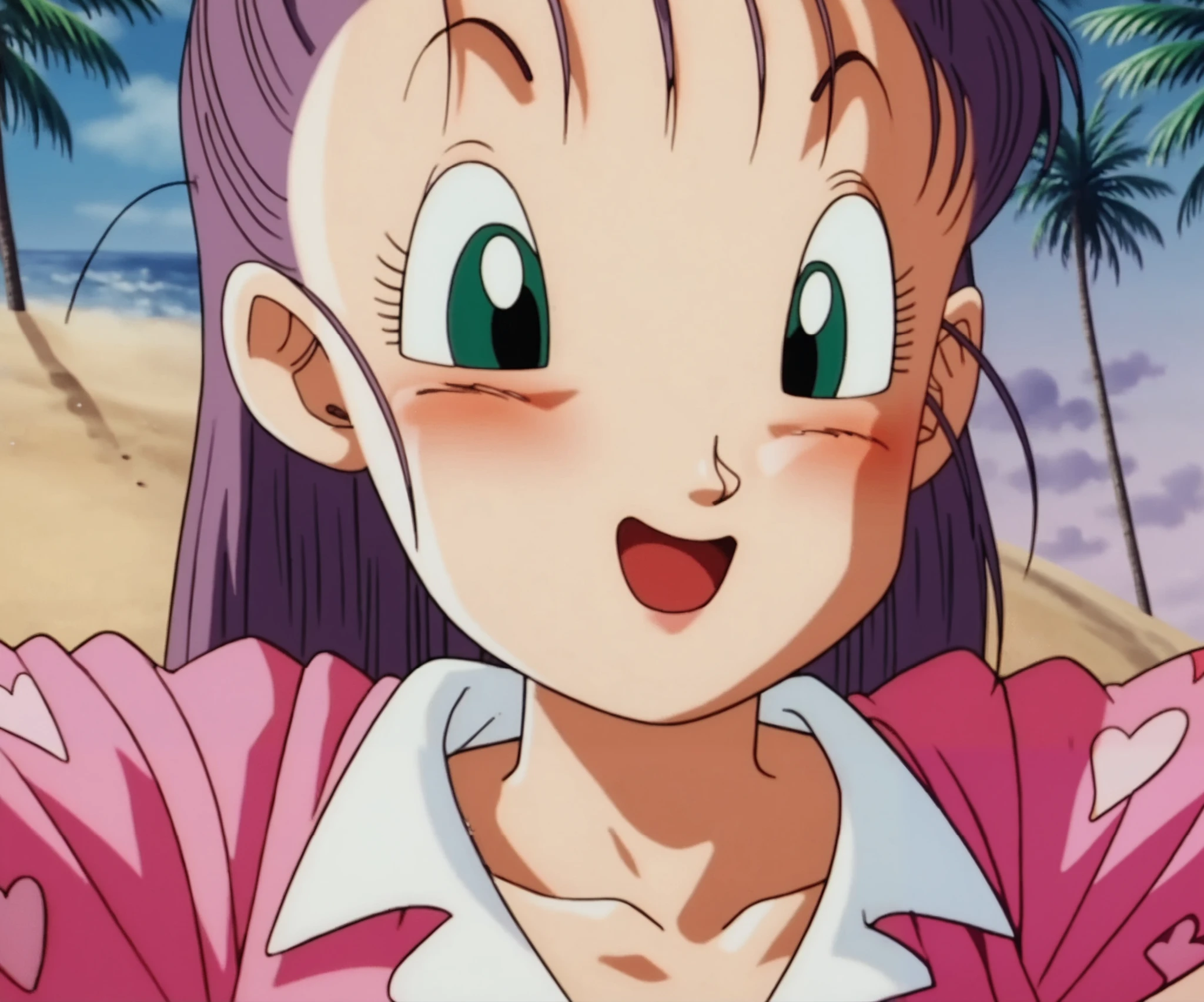   source  _animated,  score _9,  score _8_arriba,  score _7_arriba, animated screencap,
Bulma, 1 girl, Alone ,  long hair,  smile,  open your mouth,   green eyes ,  purple hair, tree, Ropa Levanta ,  close up, palm tree, Retro style, heart print, pajamas
 