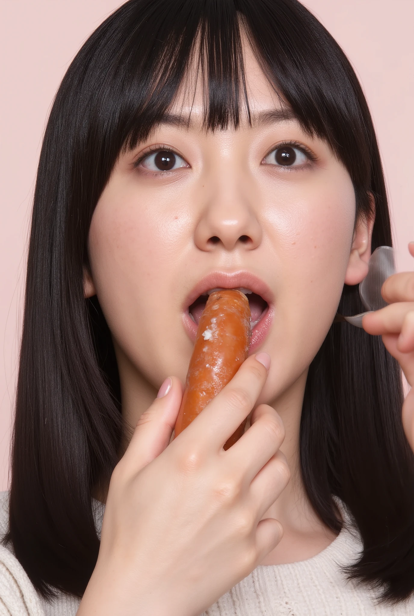 HIGH RESOLUTION YOUNG JAPANESE FEMALE IDOL「Kakki」Photo of, Alone, ( Open Your Mouth, After the blowjob、 ejaculate in mouth), 屋内で 、 A Japanese woman in her 30s puts white sauce around her mouth、 the tip of a big thick sausage in her mouth 、Woman sticking the tip of a thick sausage in her mouth