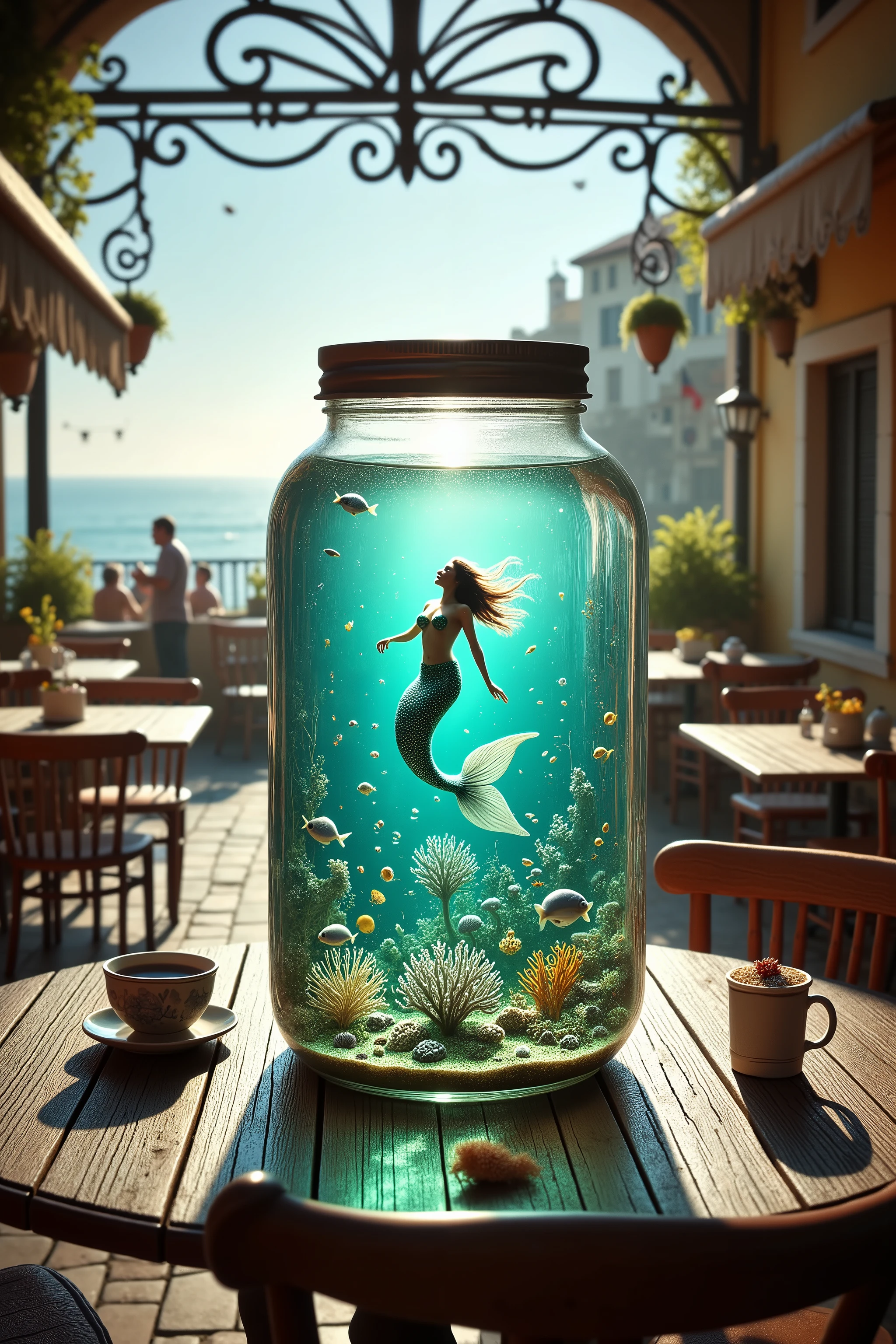 A high resolution photograph of a mermaid swimming in the sea hidden world inside of a clear jar on the table set against cafe terrace. Intricate details, detailed description.