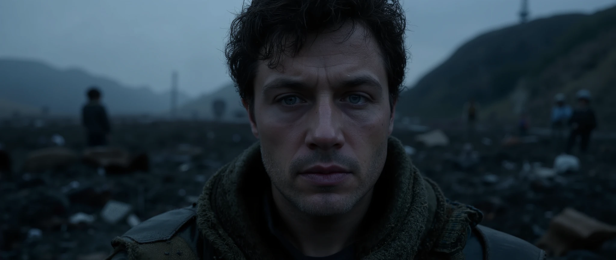 The sad eyes of the warrior in the broken battlefield ,portrait, photographic realism ,Real background, Dark colors , Cinematic Texture ,Emotional tension, A slight dark blue tone on the face ,The background is a little darker , The composition focuses more on the character's face
