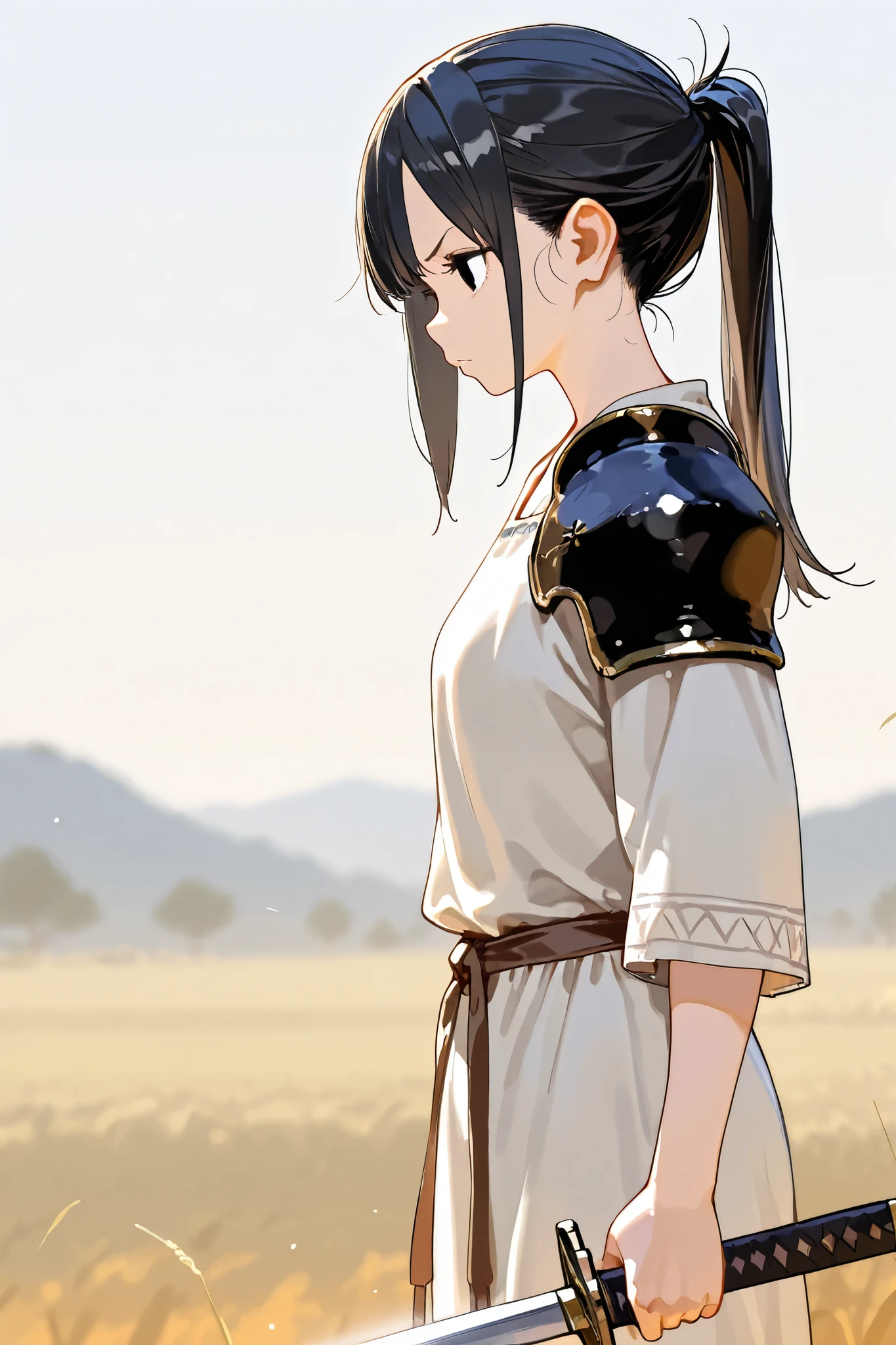 (best quality, masterpiece, highest resolution, 1girl, solo, side view, black eyes, black hair, long ponytail, linen tunic, shoulder armor, sharp gaze, holding sword, fighting expression