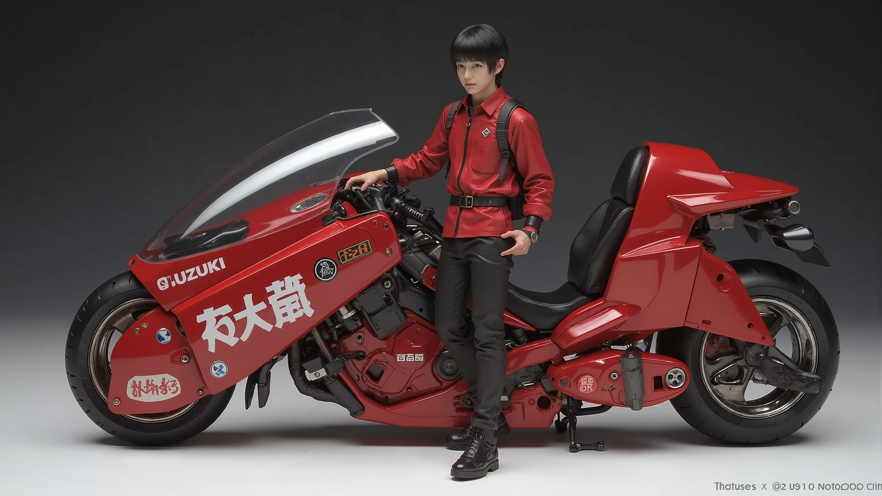 There is a man standing beside a motorbike wearing a red jacket, Album cover inspired by Yoneyama Okada, Flickr , what is it ?, Akira Bike, 、white kanji insignia , Akira Moto, Dark Grey Akira Bikes , Futuristic Suzuki, Toriyama Akira , Sitting on a motorcycle, 90s japan