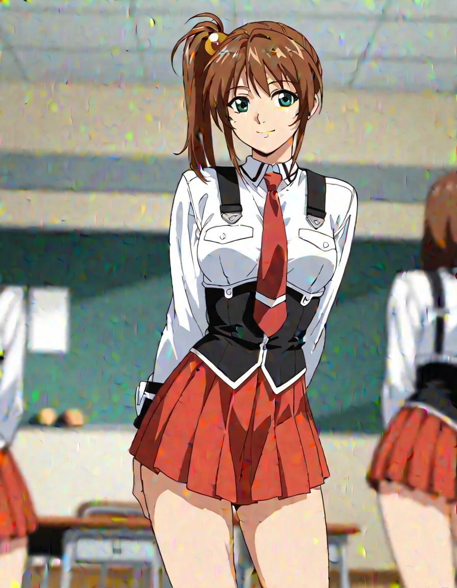 1 , alone, Imari Kurumi, brown hair, side ponytail , hair ornament, green eyes, smile, BB_ uniforms, school uniform, , white shirt, sleeve cuffs, red tie , pleated skirt, red skirt, black thighs, standing, Countering , hands behind your back, smiling, Playing video game depth of field, classroom, light theme, is, anime coloring