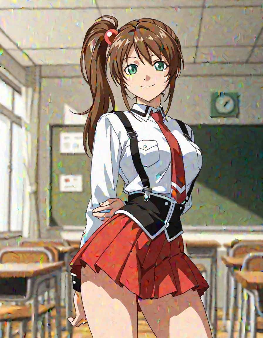 1 , alone, Imari Kurumi, brown hair, side ponytail , hair ornament, green eyes, smile, BB_ uniforms, school uniform, , white shirt, sleeve cuffs, red tie , pleated skirt, red skirt, black thighs, standing, Countering , hands behind your back, smiling, Playing video game depth of field, classroom, light theme, is, anime coloring