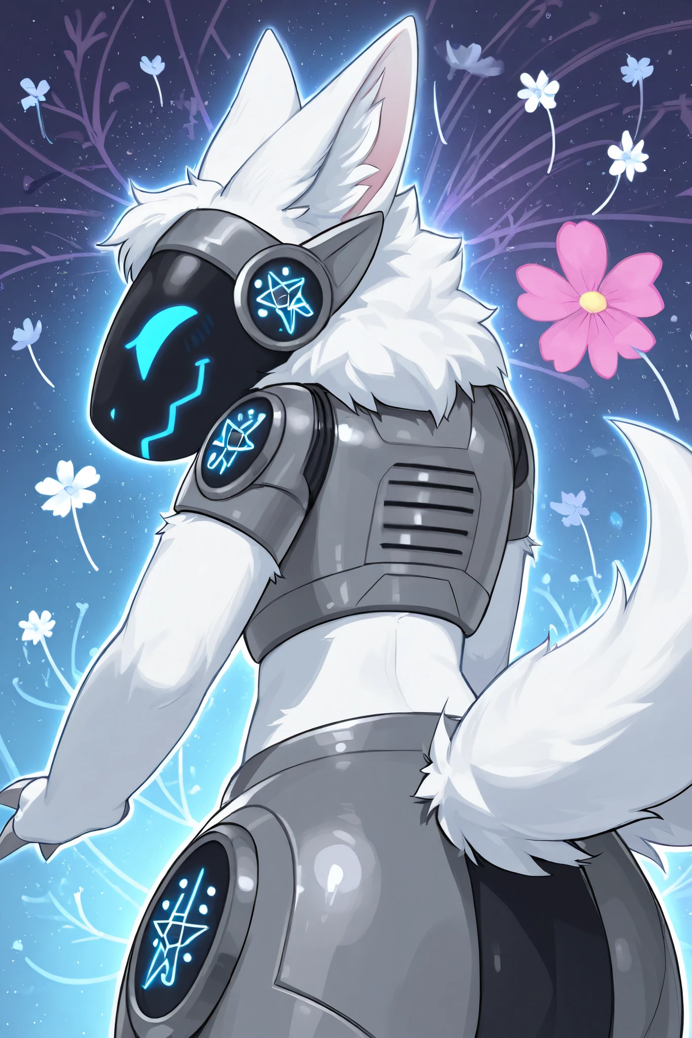 Protogen, white wool is gone,emits blue light,two tails,tail size half body, ears are large, pointed,Cosmos background,4K,