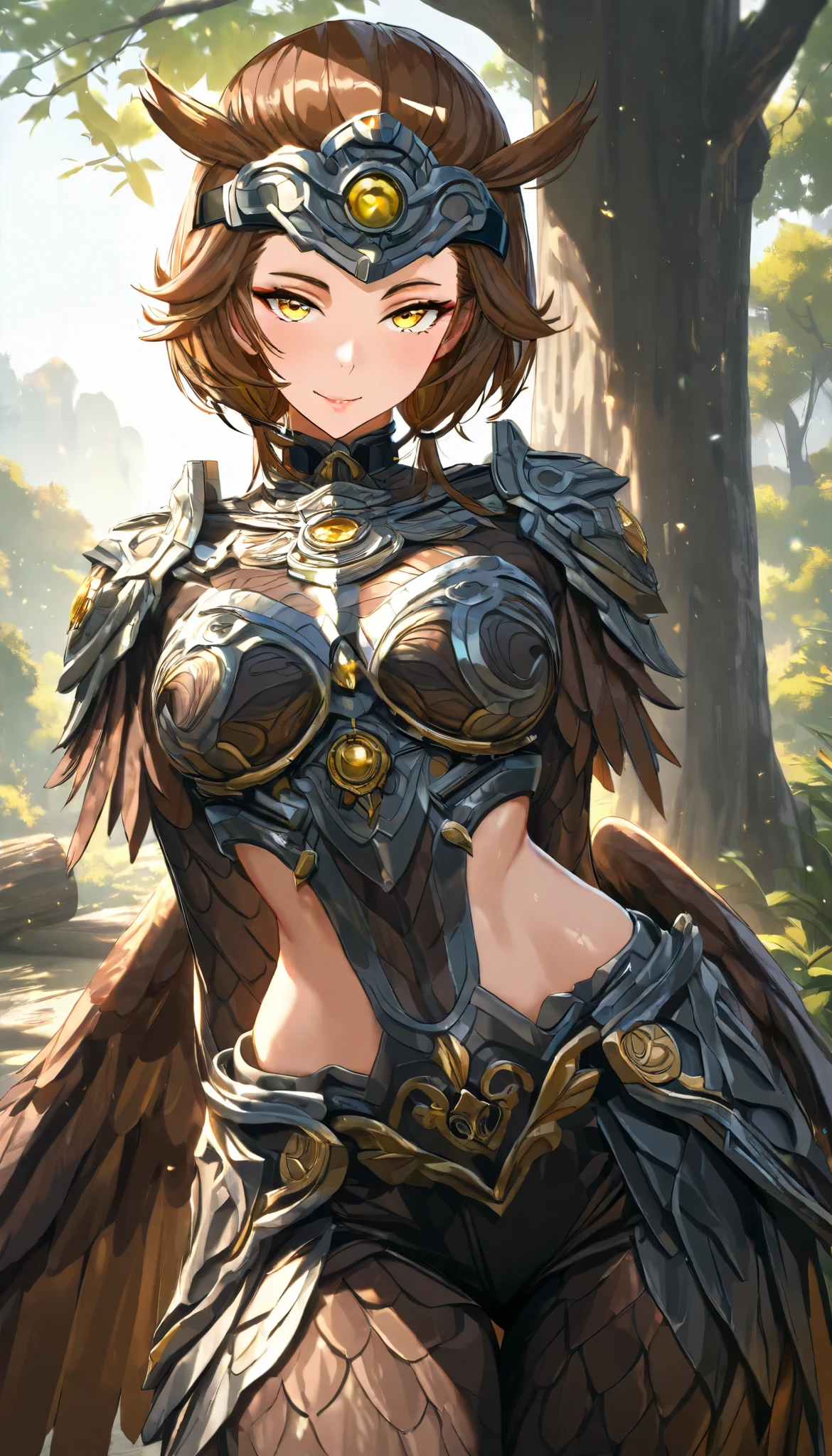 SOLO, A Owl Female ,Perfect body, (Brown short hair, hair ears, hair pulled back),Brown Owl Metal Forehead protector, Yellow eyes, A pair of Brown Owl wings cover her body, Wearing A Brown Owl full-body Metal armor, Squat on a tree trunk, Torogao, seductive smile, Sunshine, Afternoon, UHD, anatomically correct, masterpiece, textured skin, high details, highres, 1080P, 16k, accurate,Beautiful face, Perfect face, Highly detailed beautiful face and eyes, Attractive face, Detailed face, Delicate facial features, Detailed skin,Cowboy shot